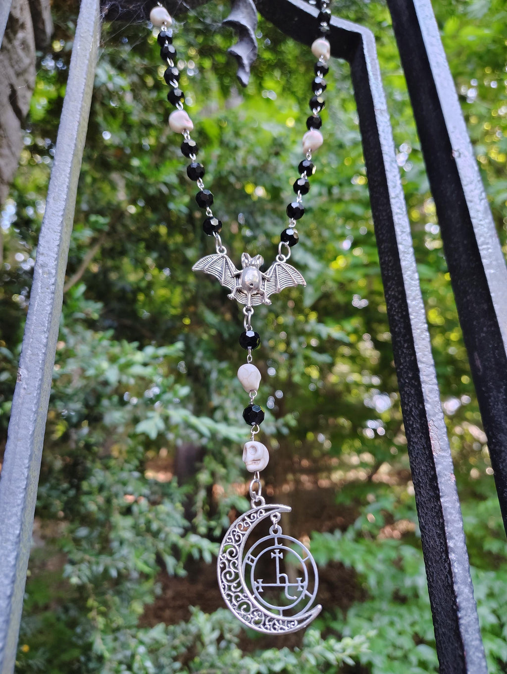 Elegant Goth, Vampire Bat, Sigil of Lilith & Crescent Moon Rosary Cosplay Jewelry