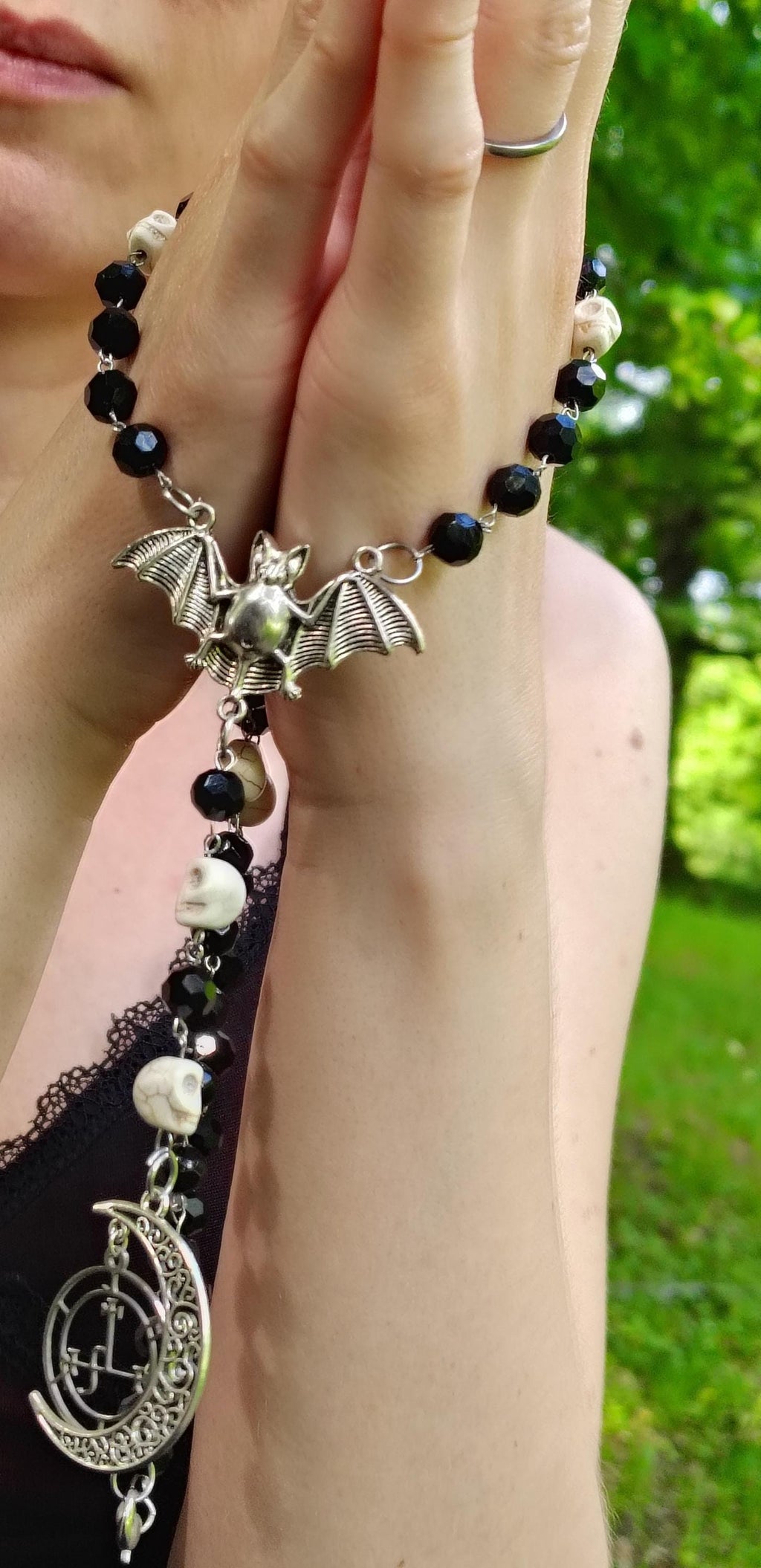 Elegant Goth, Vampire Bat, Sigil of Lilith & Crescent Moon Rosary Cosplay Jewelry
