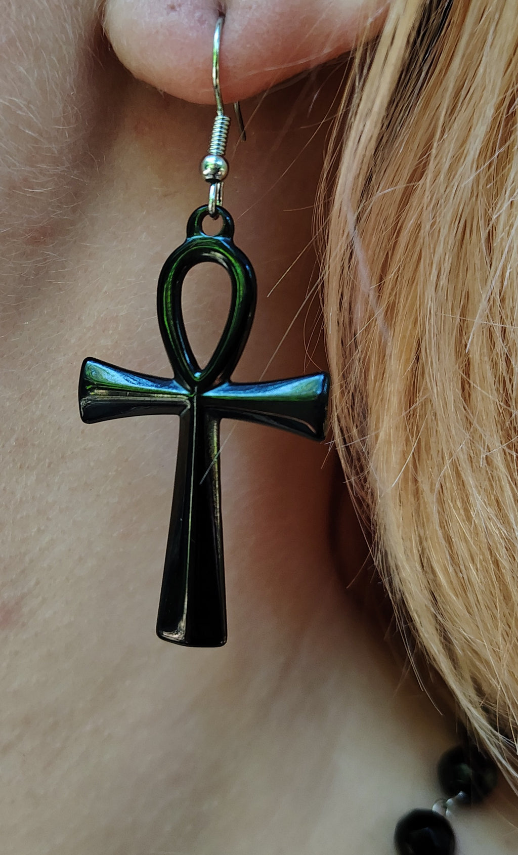 Kemetic Black Stainless Steel boho goth ankh charm Pagan Earrings