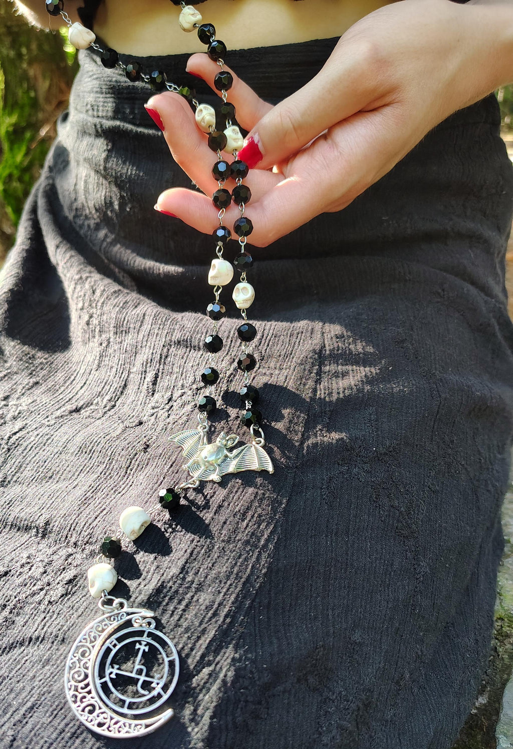 Elegant Goth, Vampire Bat, Sigil of Lilith & Crescent Moon Rosary Cosplay Jewelry