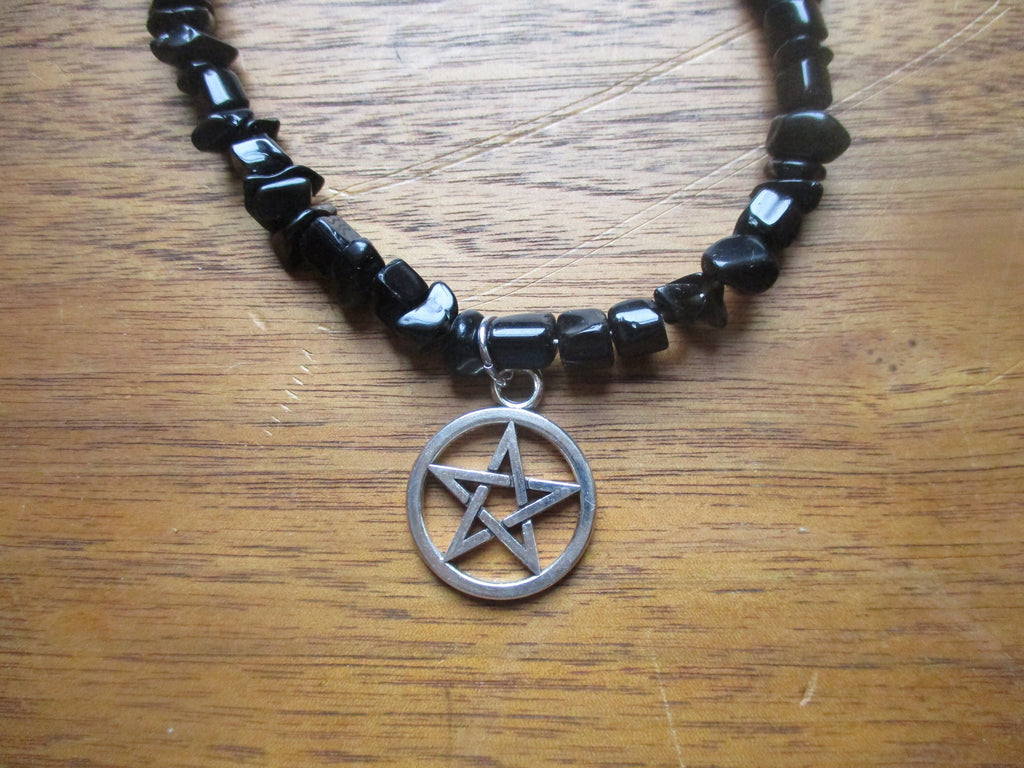black obsidian stone Tarot Pentacle pentagram Pendant Necklace