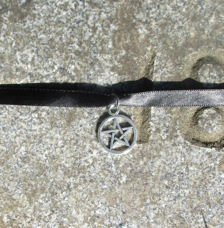Goth Pentacle Black Ribbon Choker