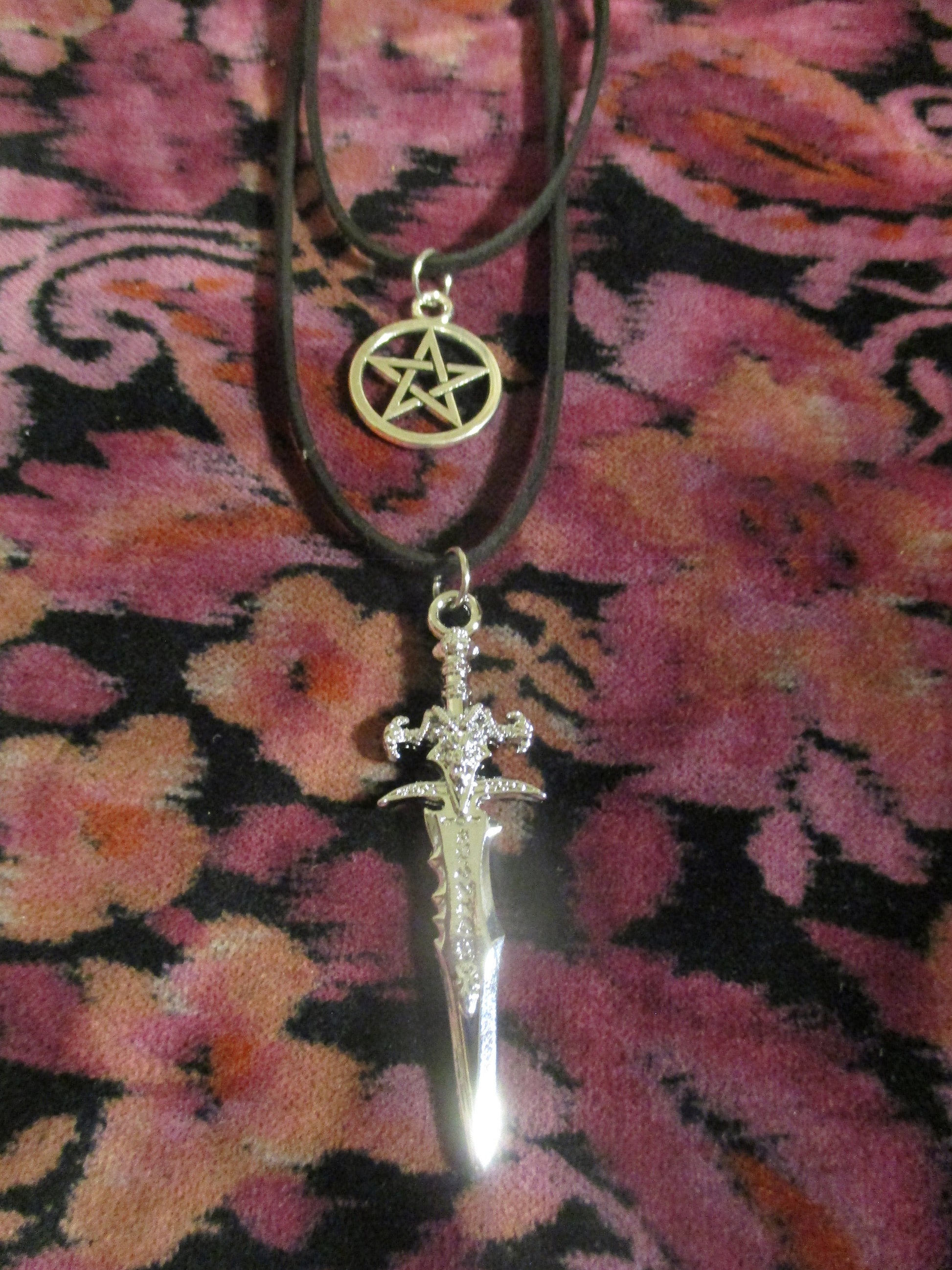 pentagram Fantasy Athame Devil sword two strand necklace pendant