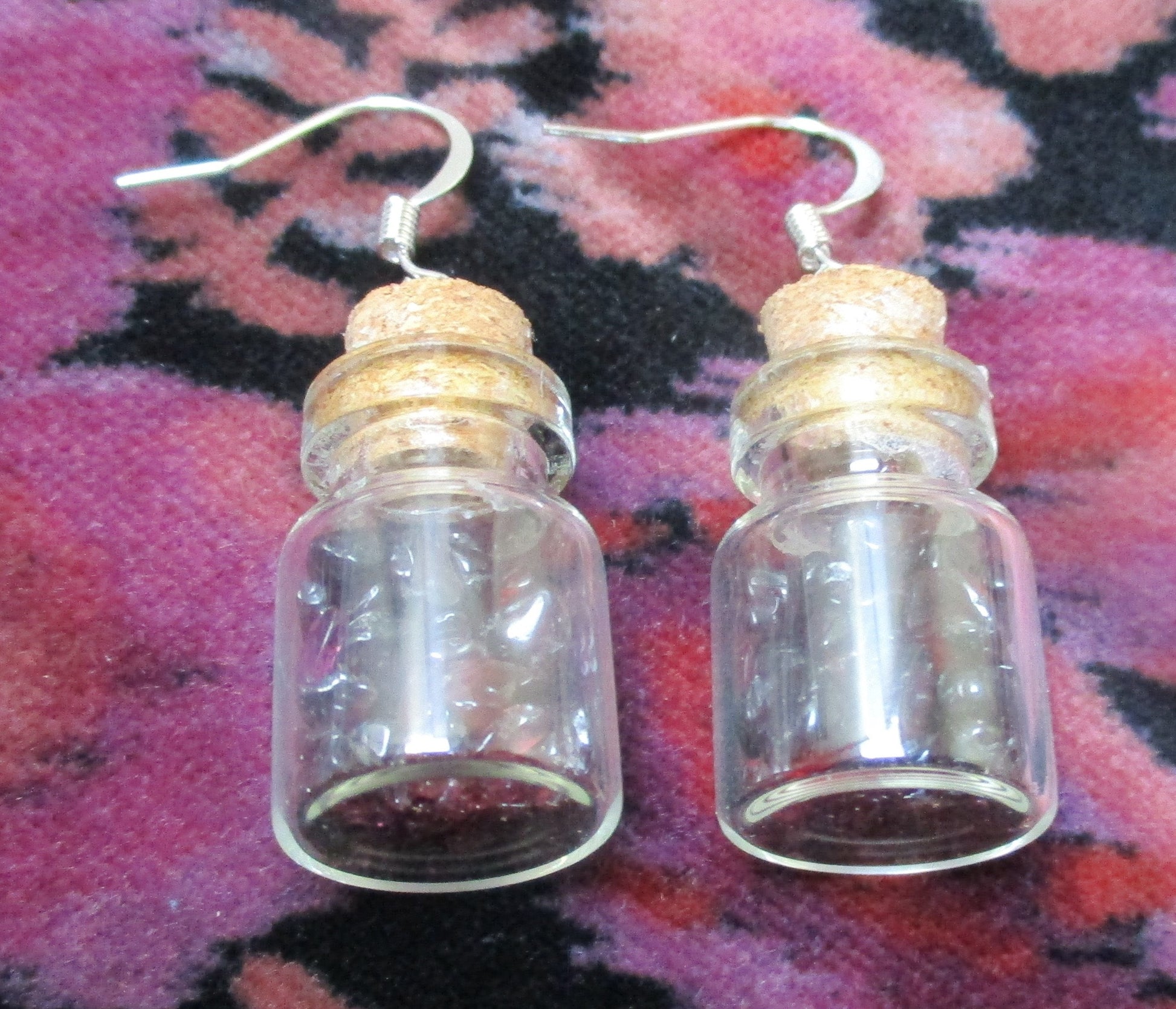 glass fairy bottle potion vial Garnet chip earrings