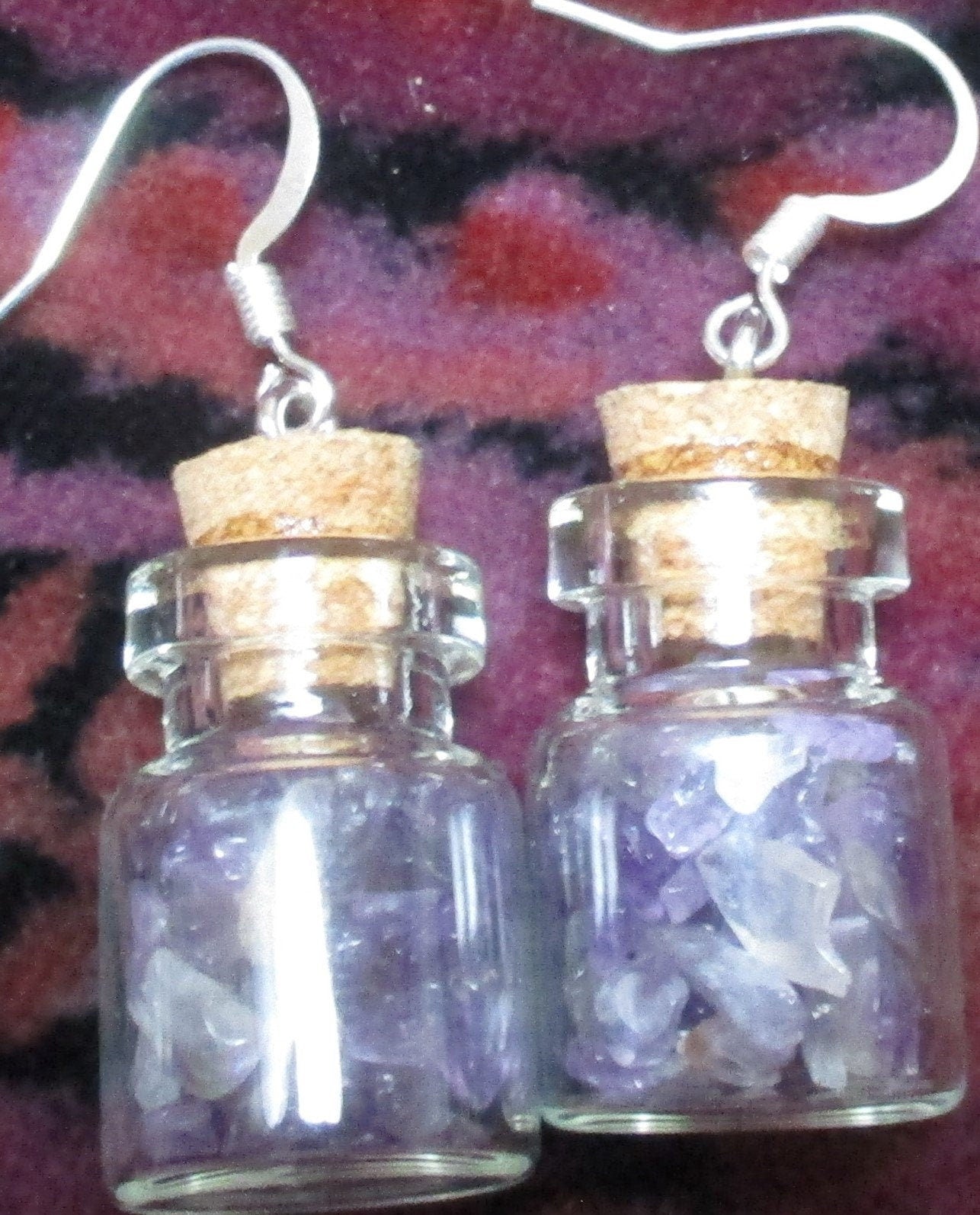 glass fairy bottle potion vial Amethyst chips earrings