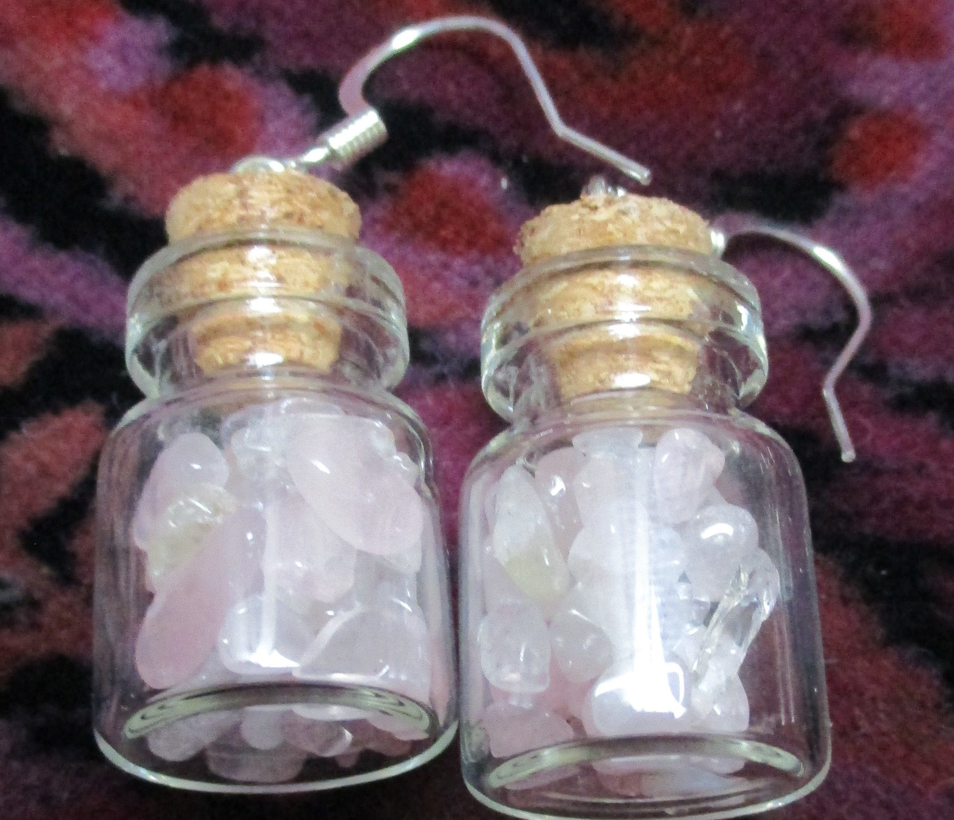 glass fairy bottle potion vial  Rose quartz chips earrings