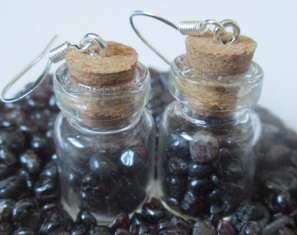 glass fairy bottle potion vial Garnet chip earrings