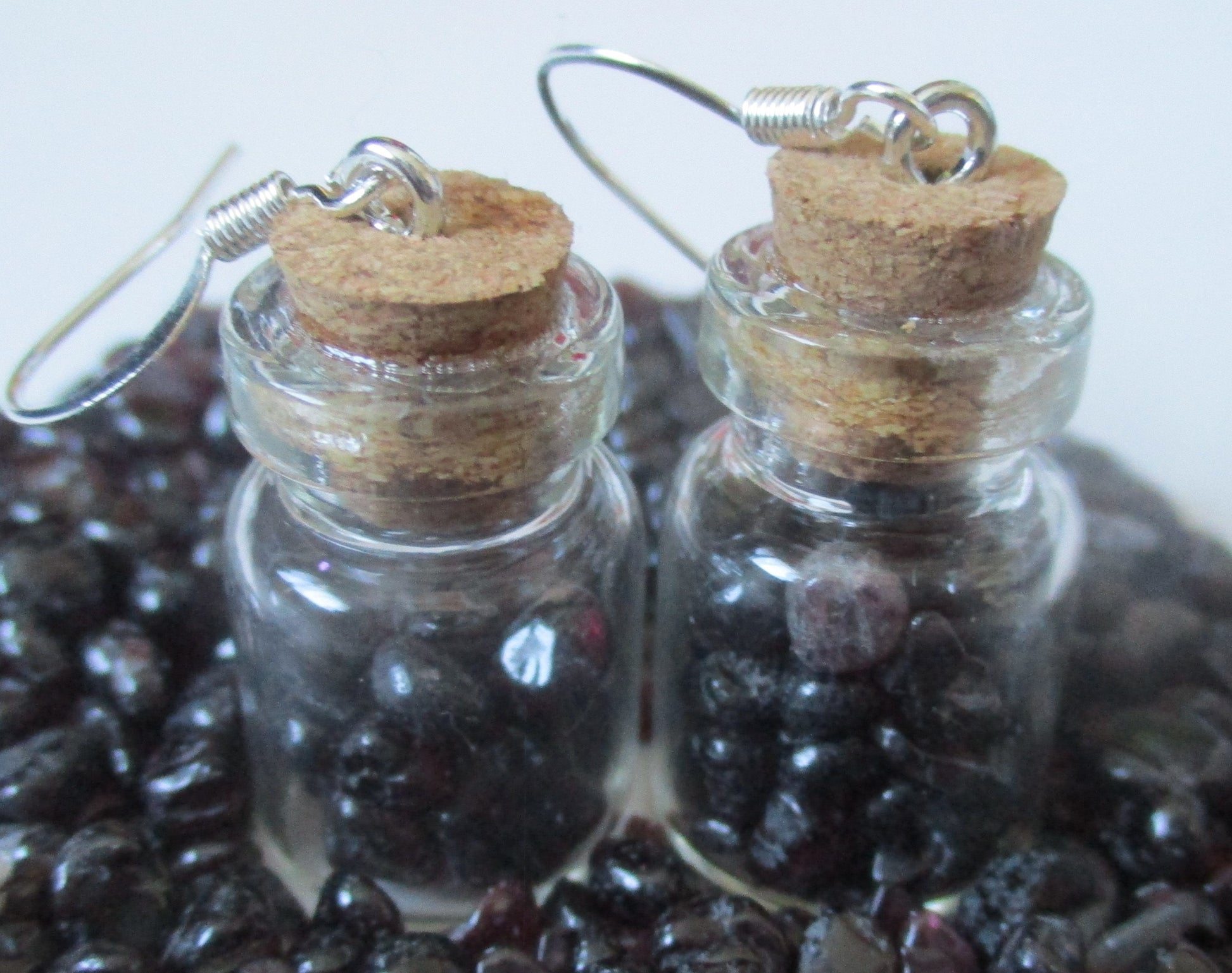 glass fairy bottle potion vial Garnet chip earrings
