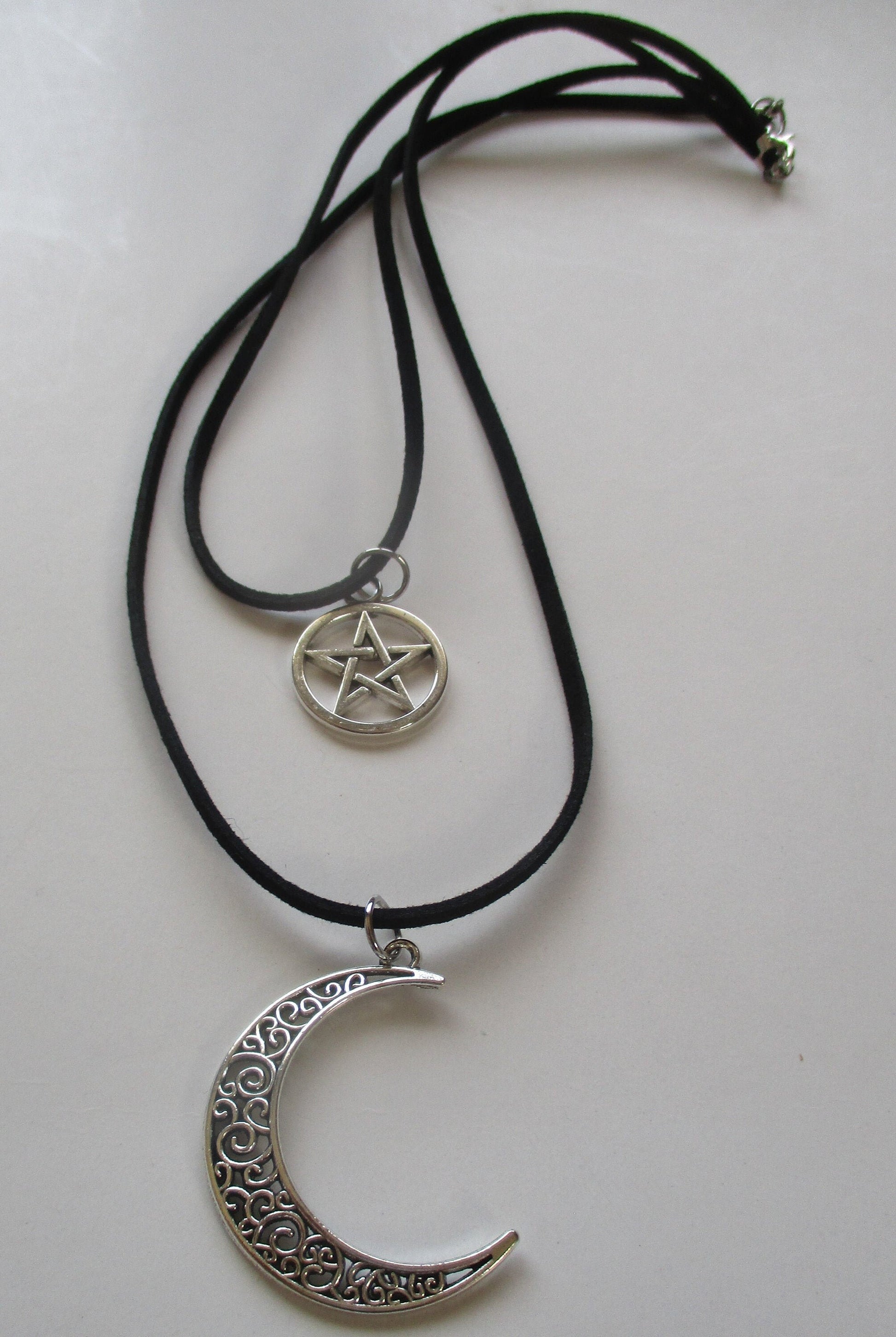 Pentacle / Pentagram, Lunar Crescent Moon Charm,Two Strand Pendant,