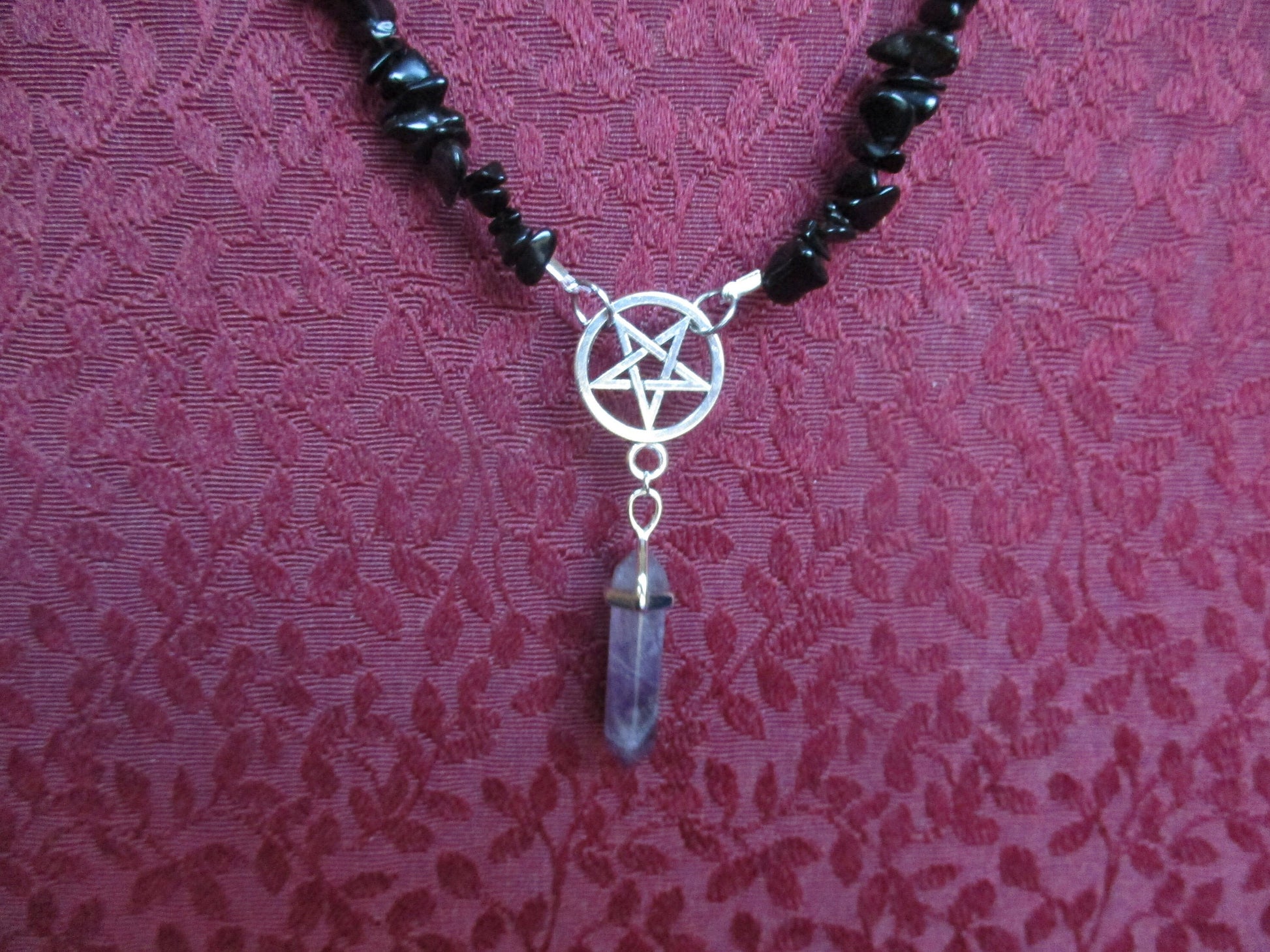 gothic lolita Inverted Pentacle Pendant, Amethyst Bullet, Obsidian Chip necklace