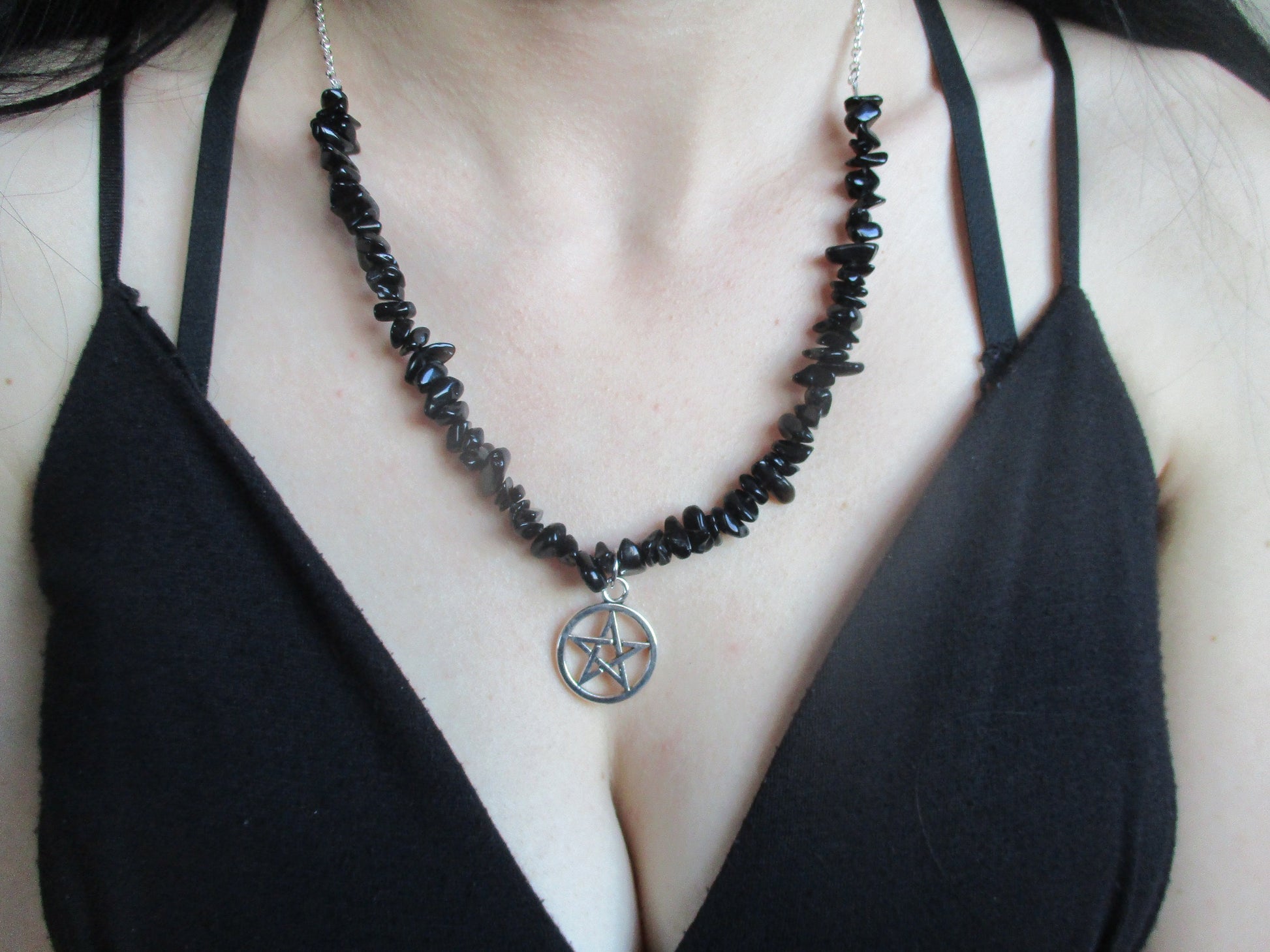 black obsidian stone Tarot Pentacle pentagram Pendant Necklace