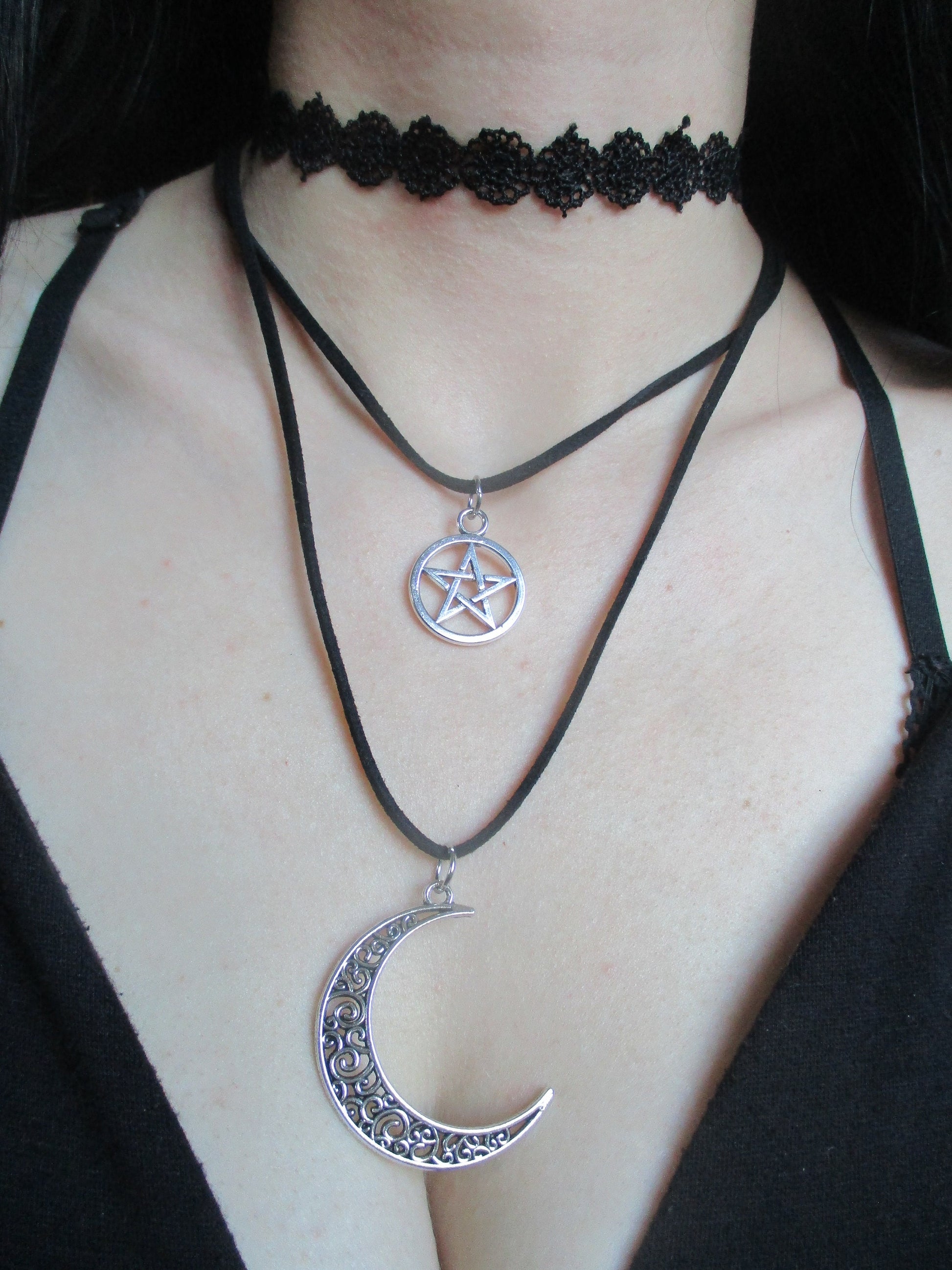 Pentacle / Pentagram, Lunar Crescent Moon Charm,Two Strand Pendant,