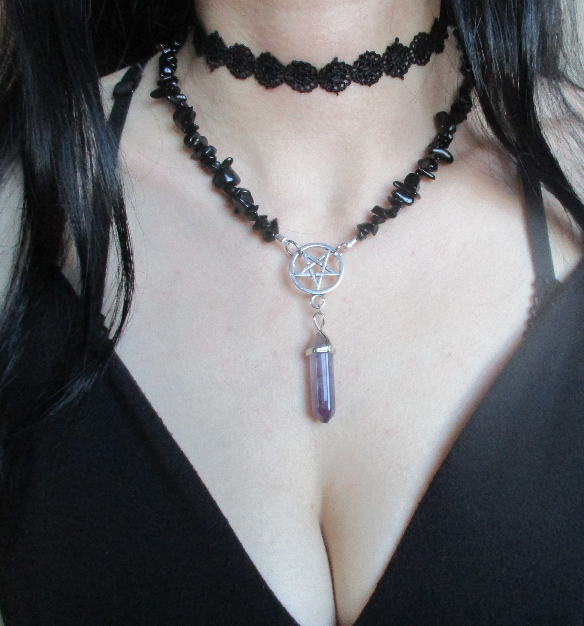 gothic lolita Inverted Pentacle Pendant, Amethyst Bullet, Obsidian Chip necklace
