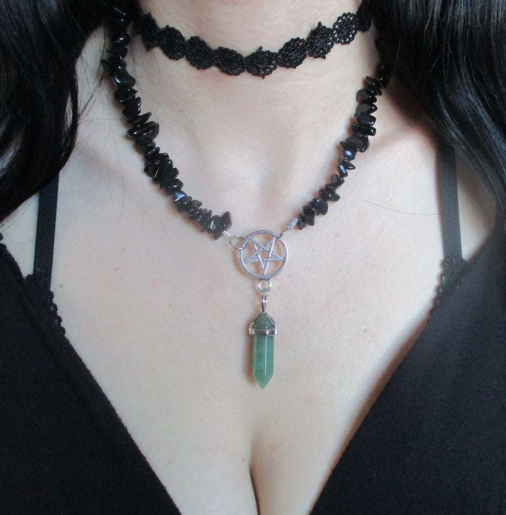 black obsidian stone aventurine crystal inverted Pentagram Pendant