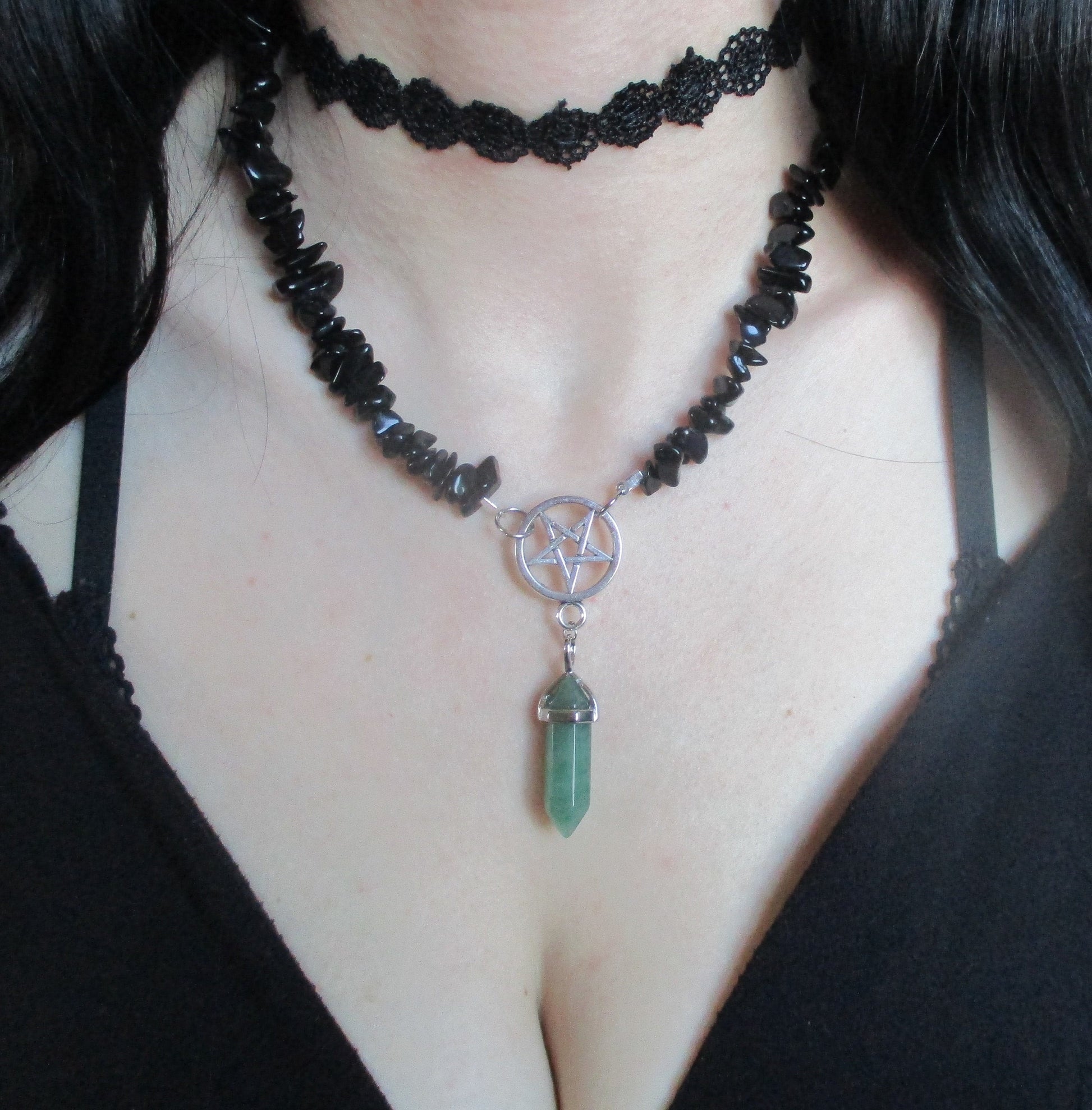 black obsidian stone aventurine crystal inverted Pentagram Pendant