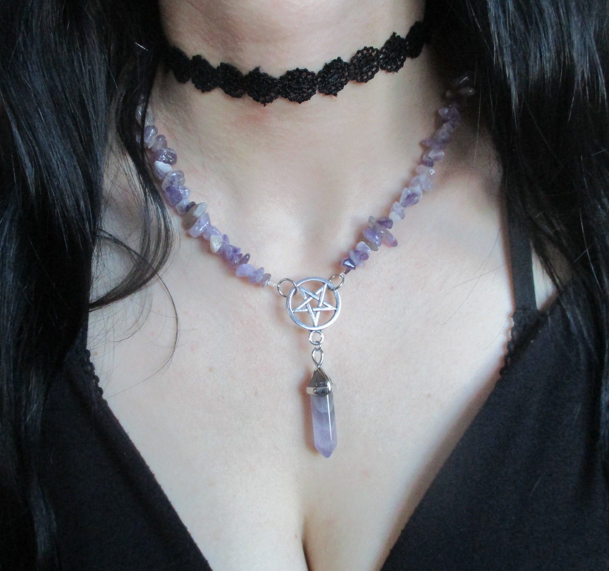 Purple Amethyst Strand Inverted Pentacle Pentagram Pendant