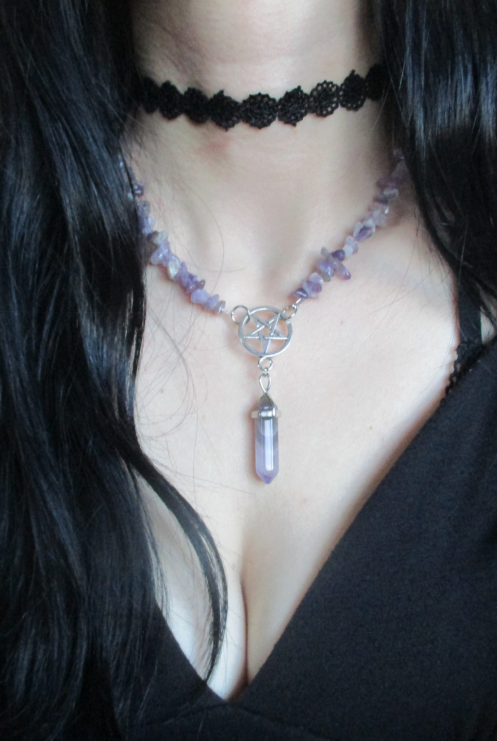Purple Amethyst Strand Inverted Pentacle Pentagram Pendant