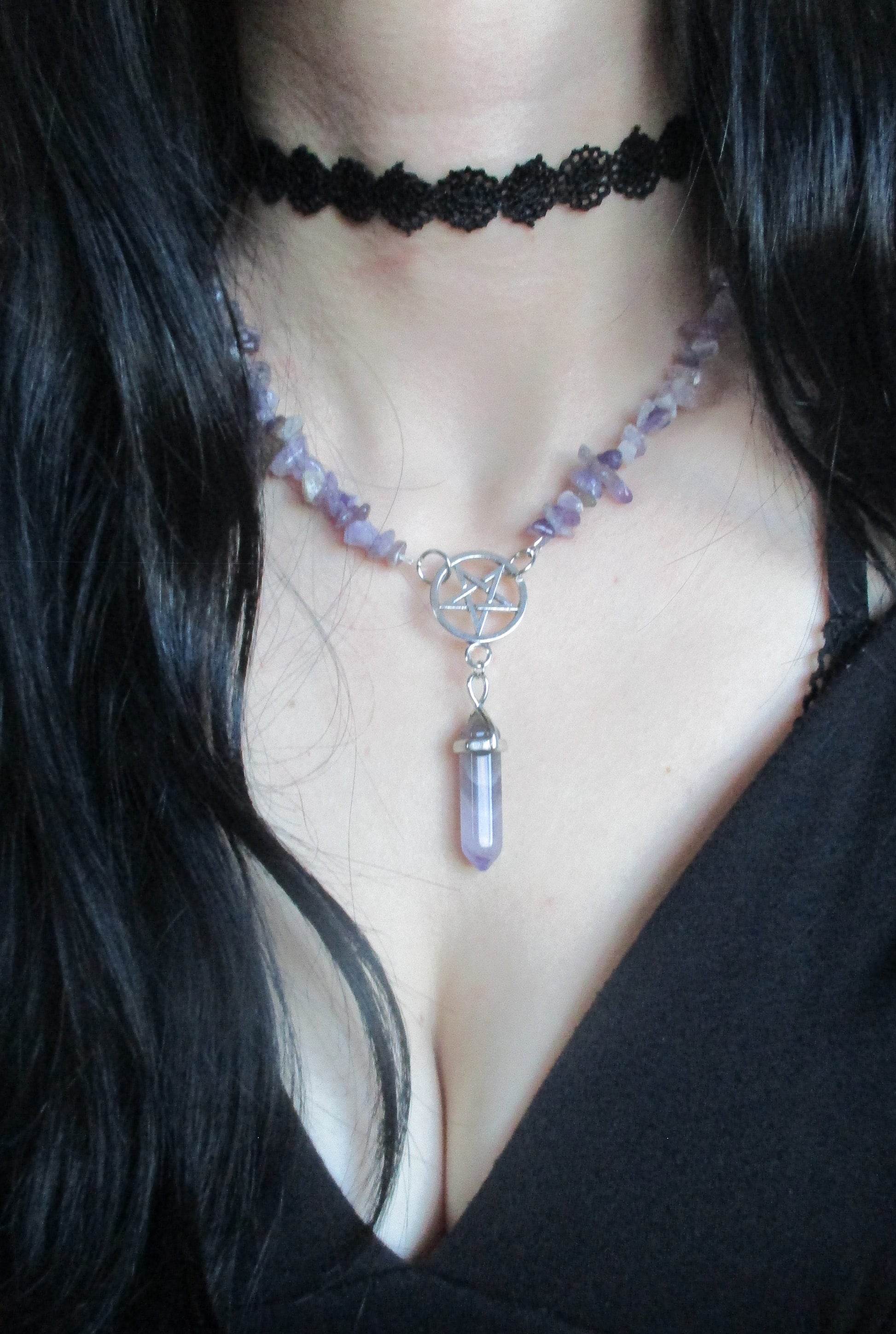 Purple Amethyst Strand Inverted Pentacle Pentagram Pendant