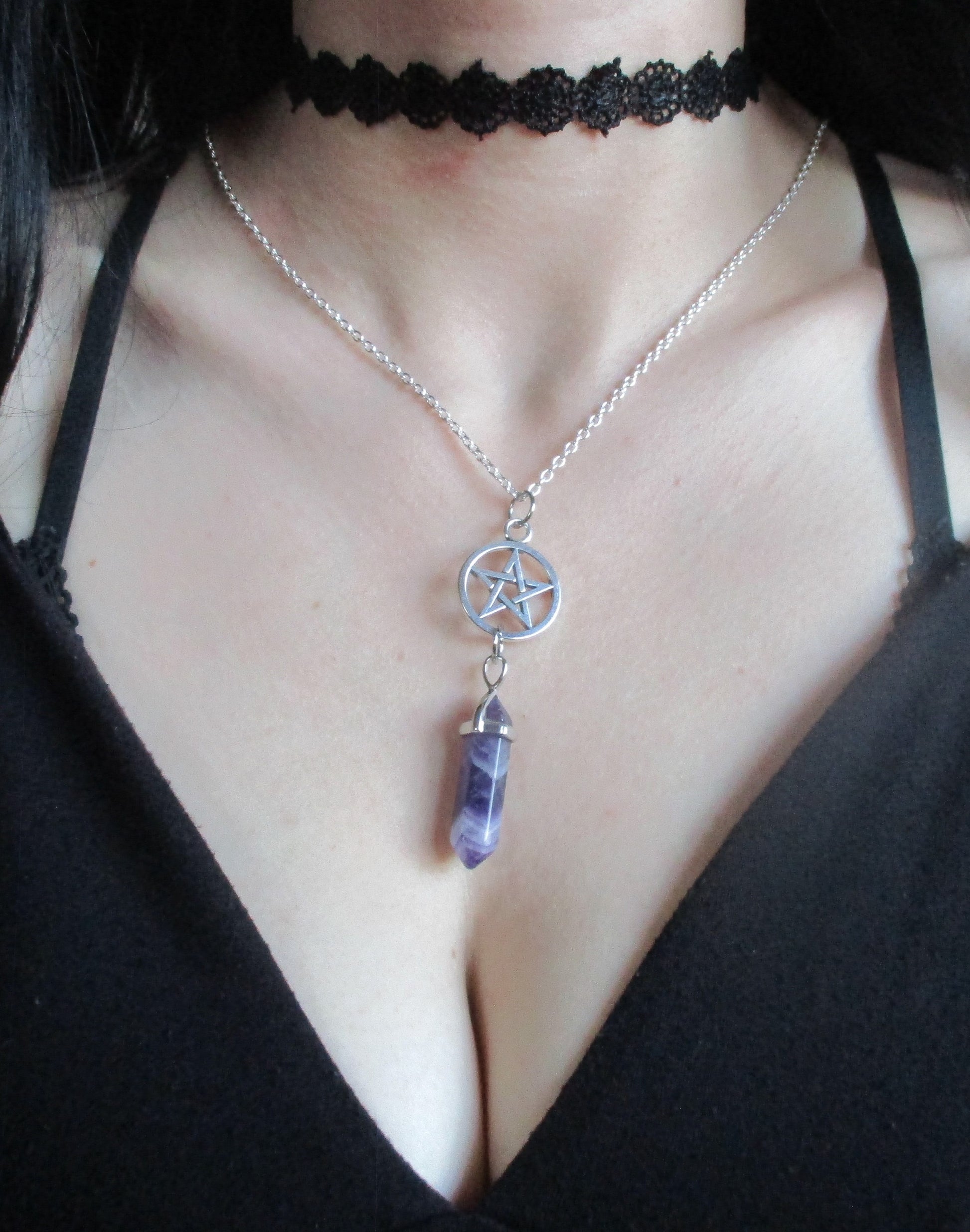 Purple Amethyst Bullet and Pentagram Pentacle Necklace