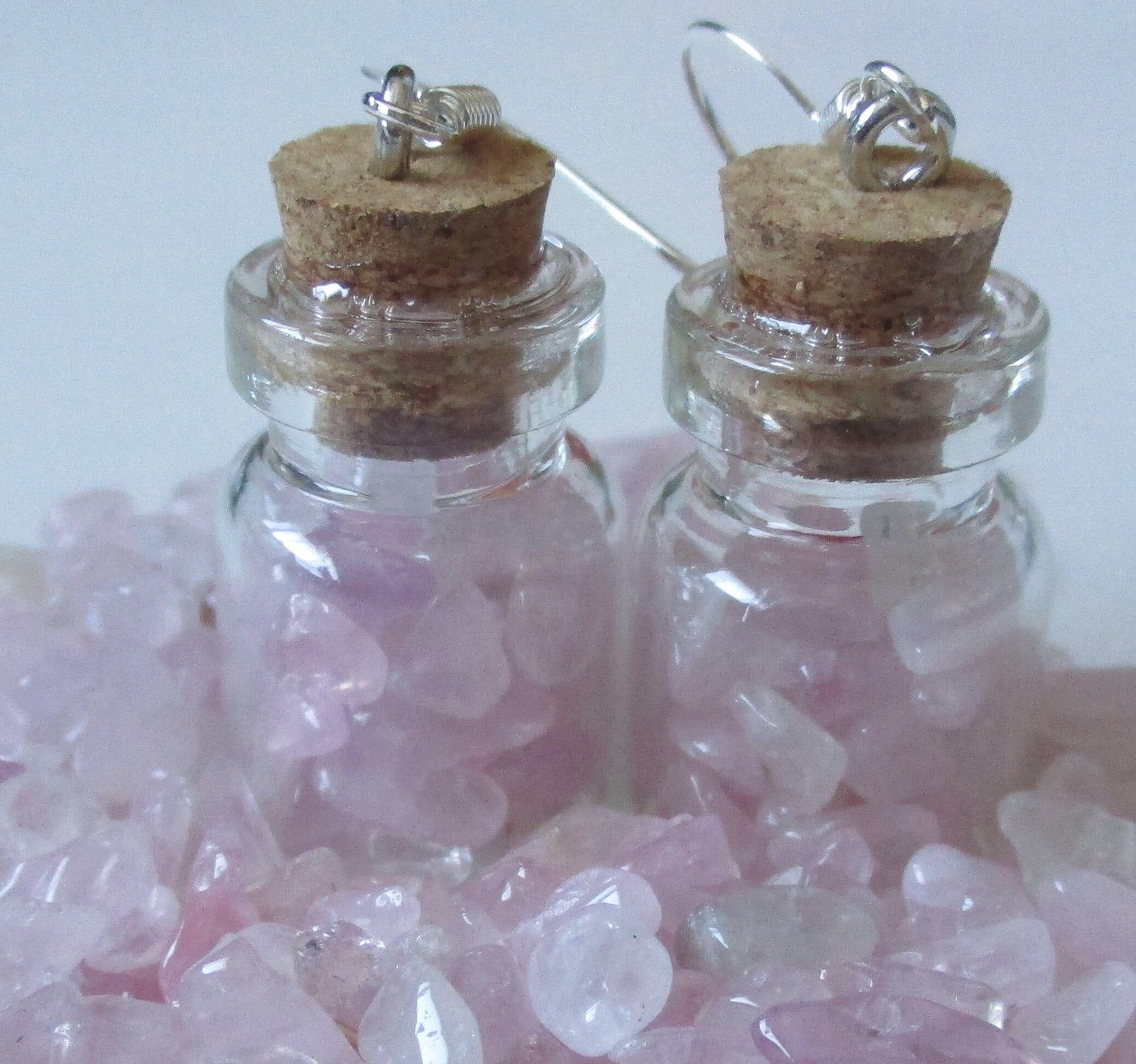 glass fairy bottle potion vial  Rose quartz chips earrings