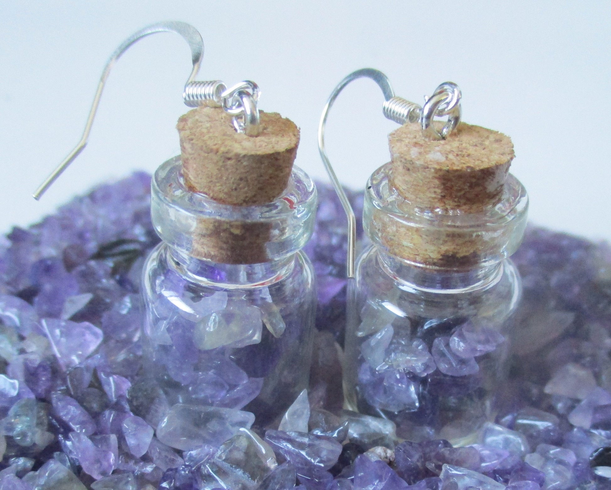 glass fairy bottle potion vial Amethyst chips earrings