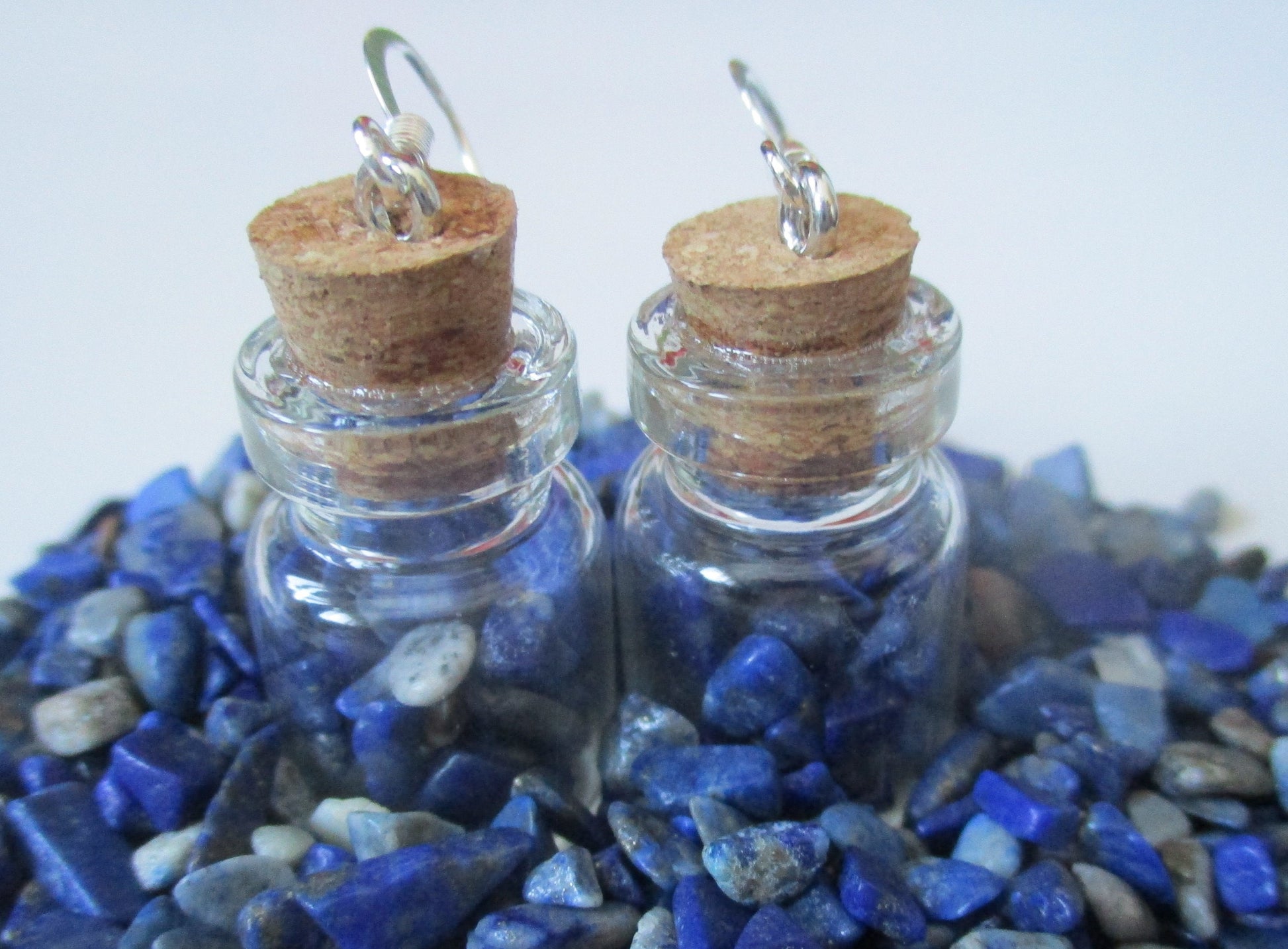glass fairy bottle potion vial Lapis Lazuli chips earrings
