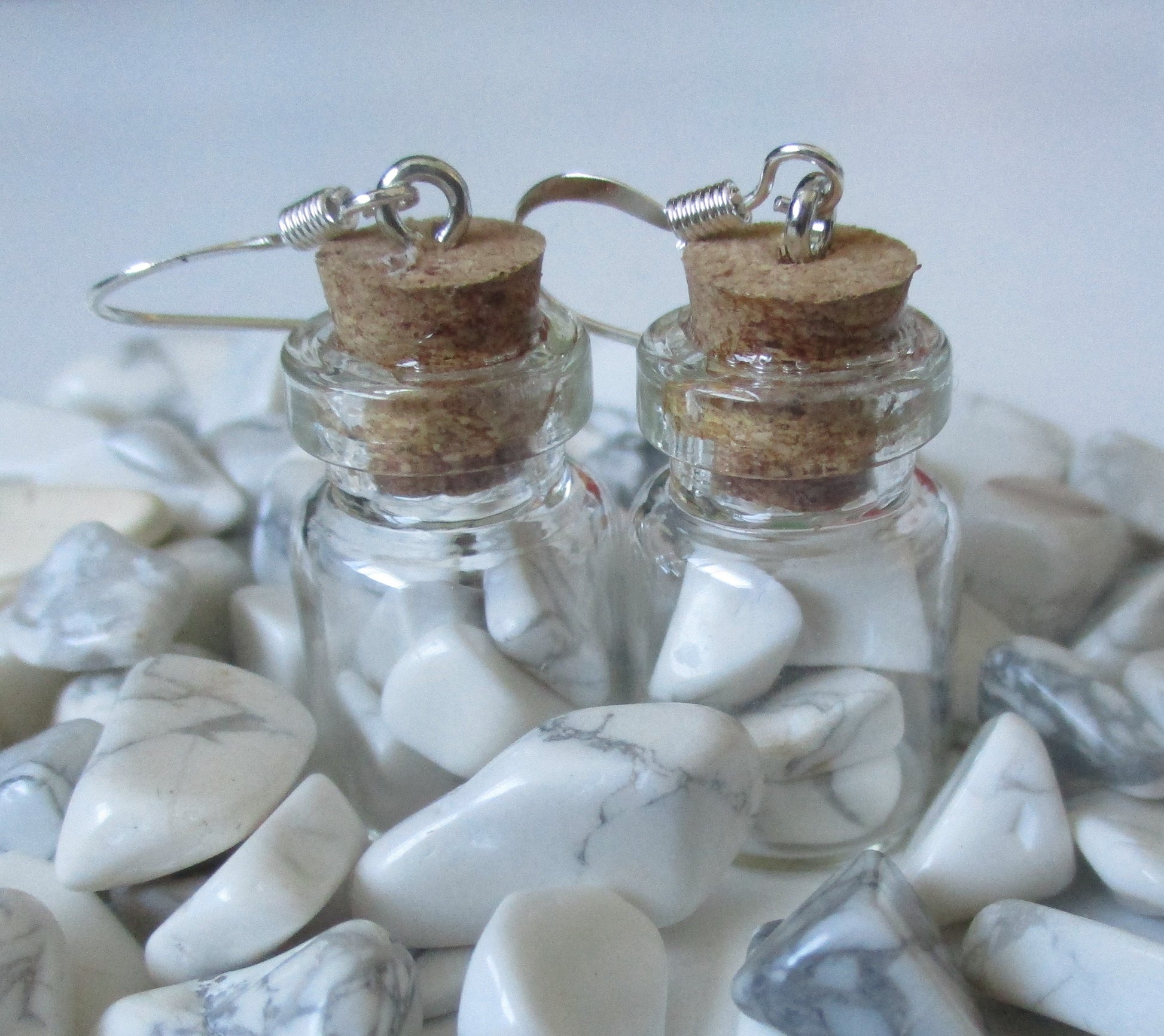 glass fairy bottle potion vial Howlite chips earrings