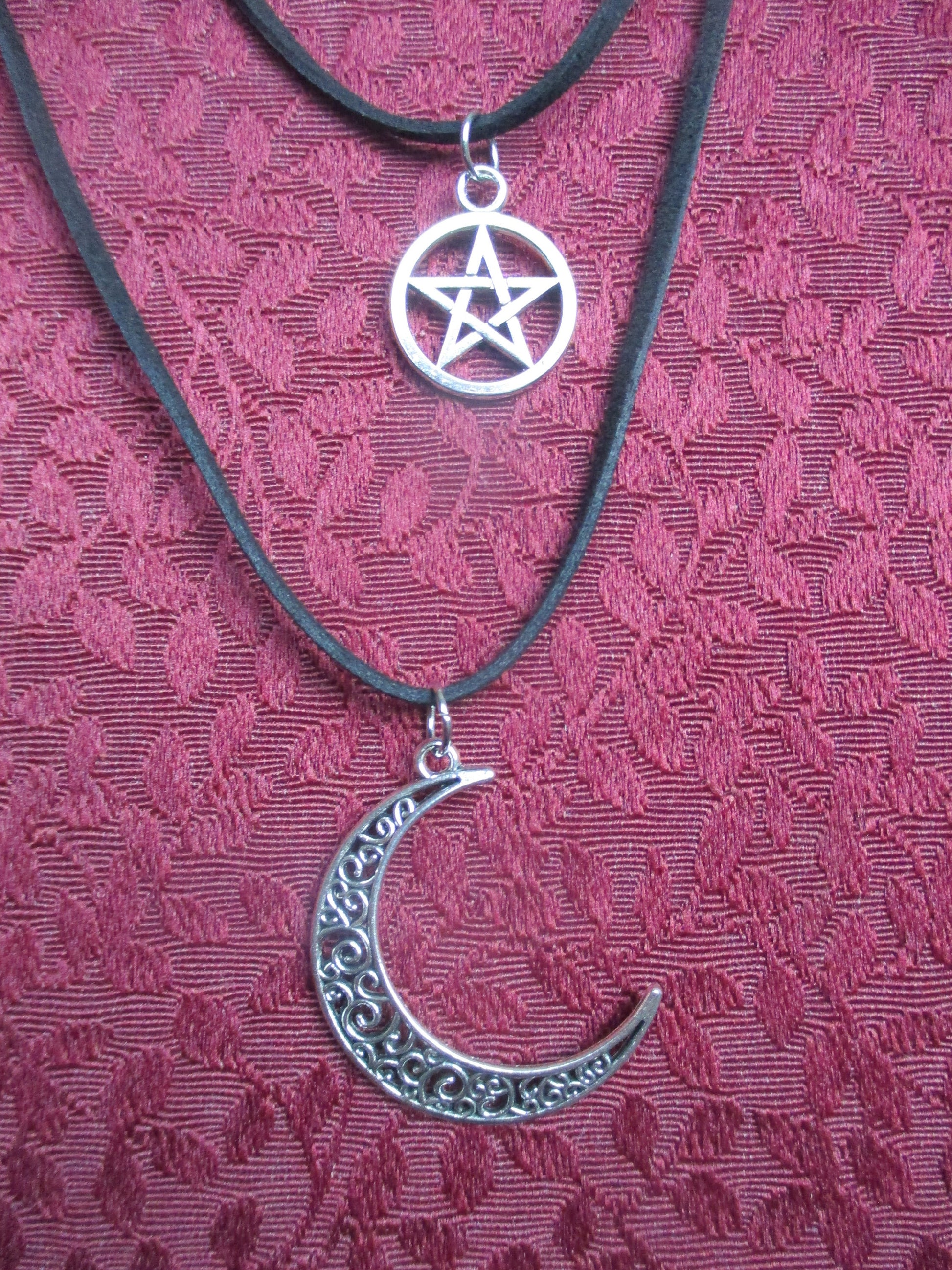 Pentacle / Pentagram, Lunar Crescent Moon Charm,Two Strand Pendant,
