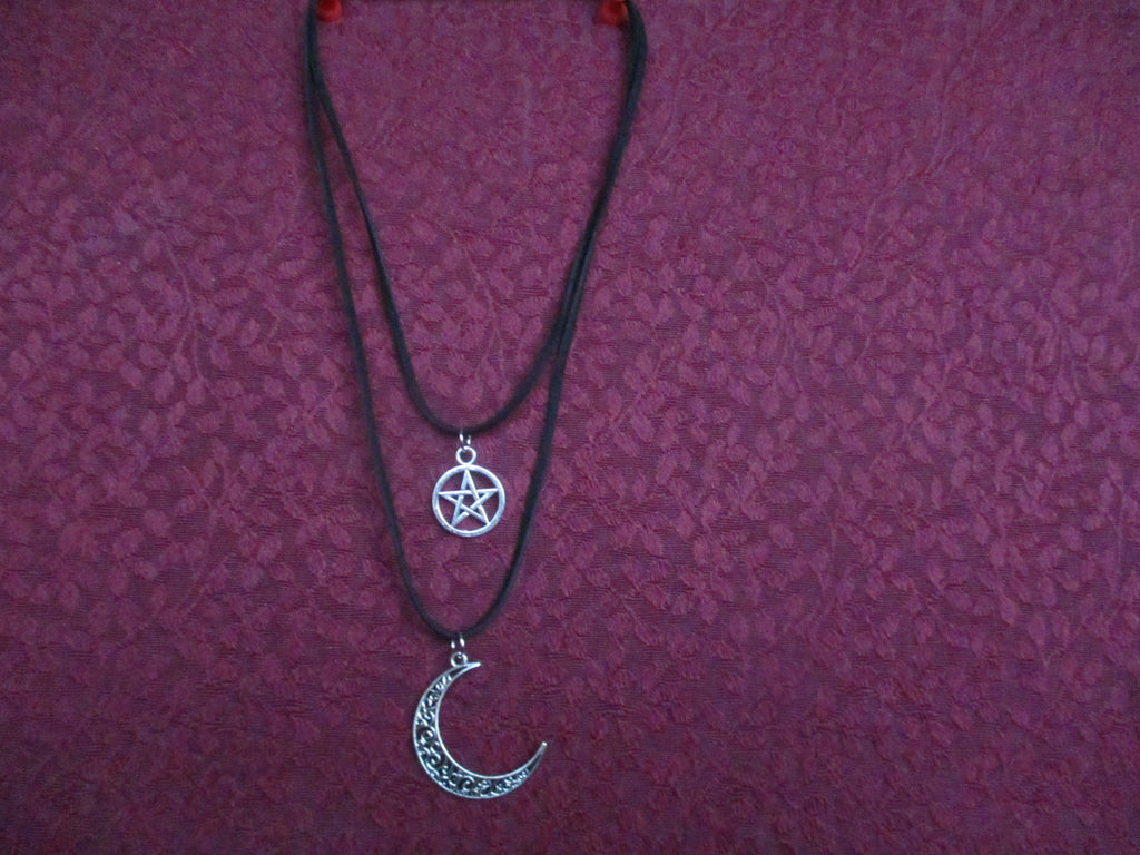 Pentacle / Pentagram, Lunar Crescent Moon Charm,Two Strand Pendant,