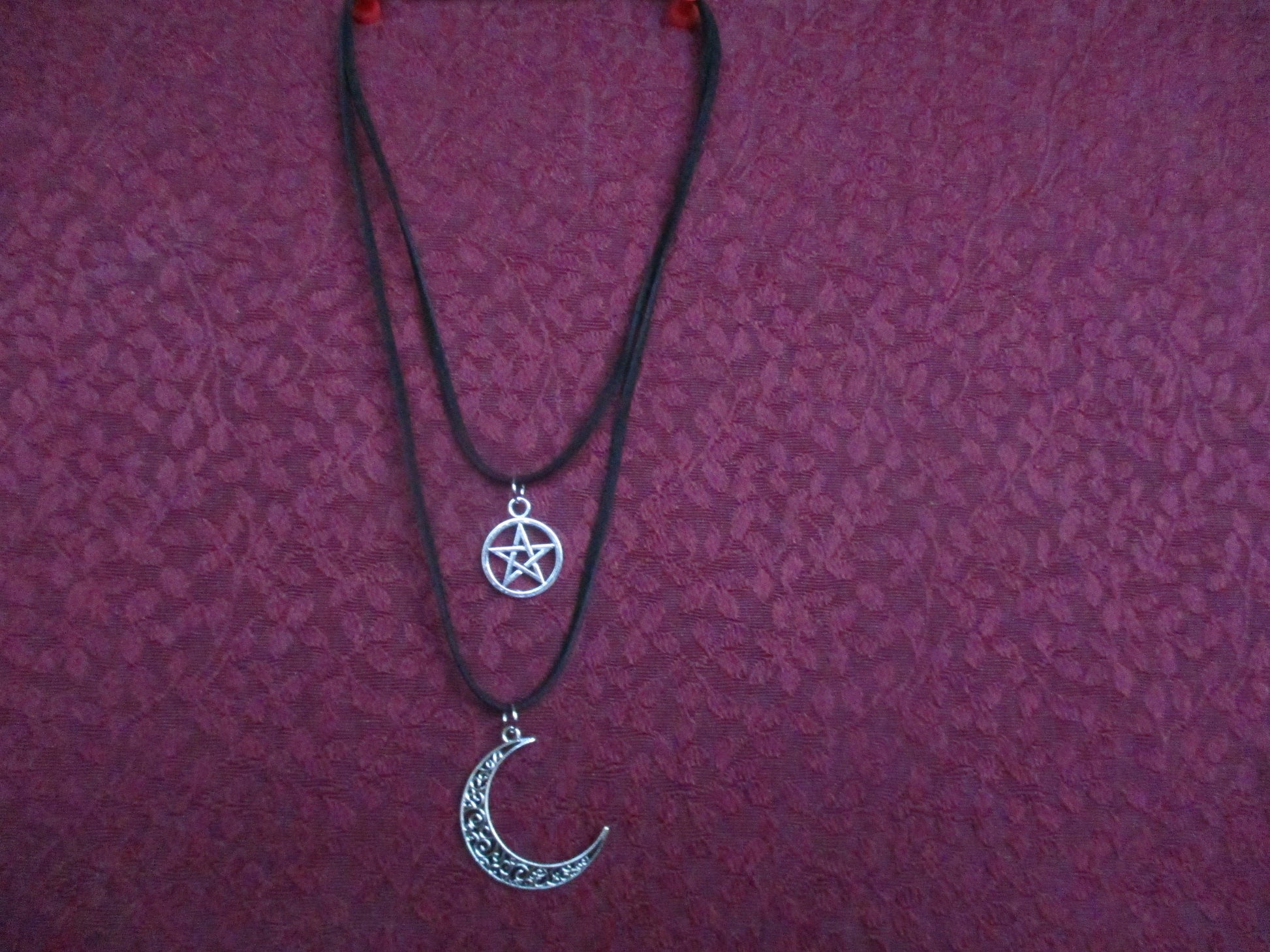 Pentacle / Pentagram, Lunar Crescent Moon Charm,Two Strand Pendant,