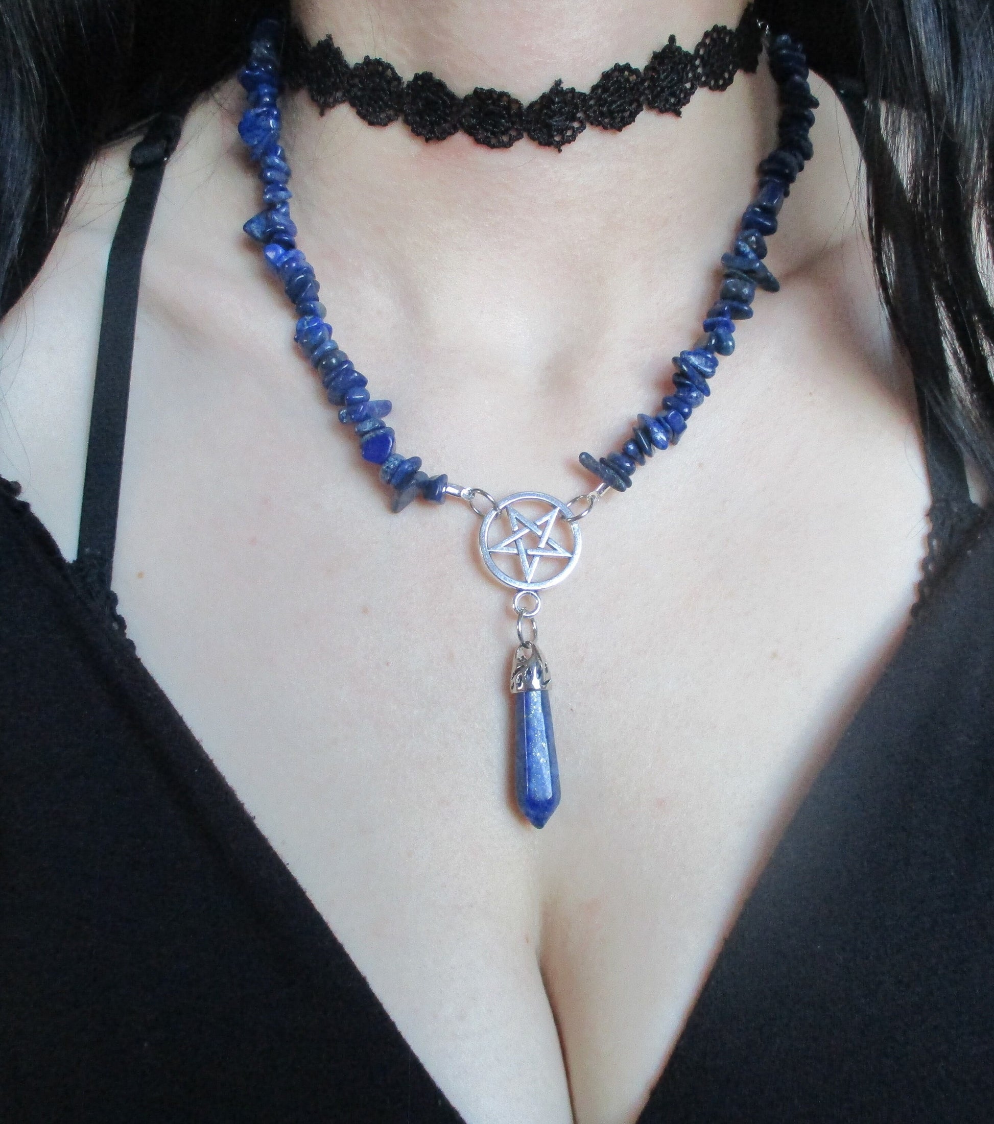 Lapis Lazuli chip Inverted pentagram Pendant Necklace