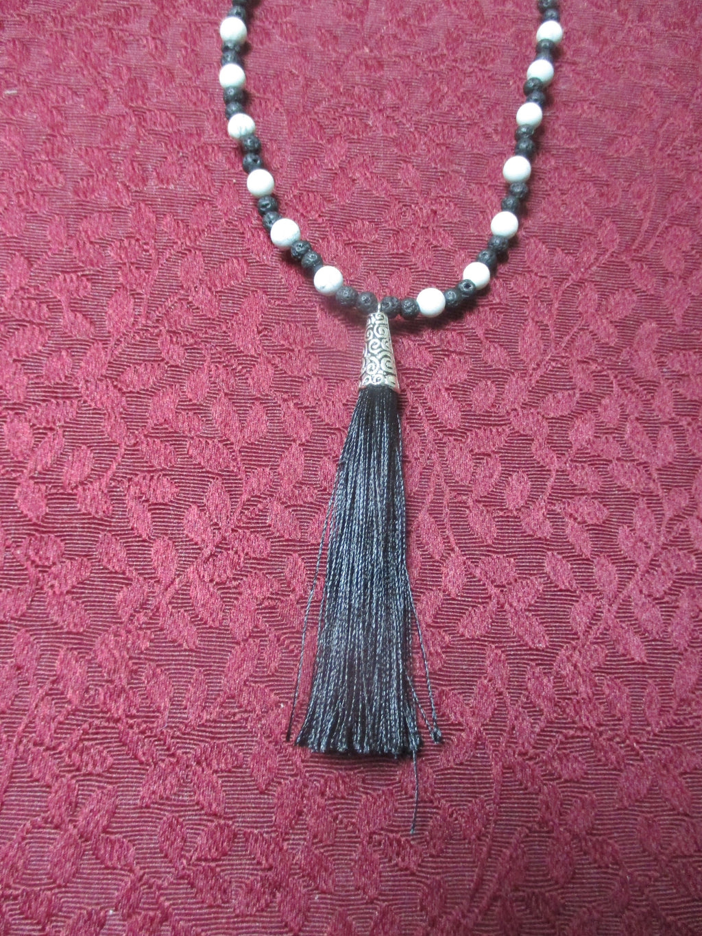 White and Black Tassel Japa Mala 108 Beads Howlite & lava Rock Necklace,