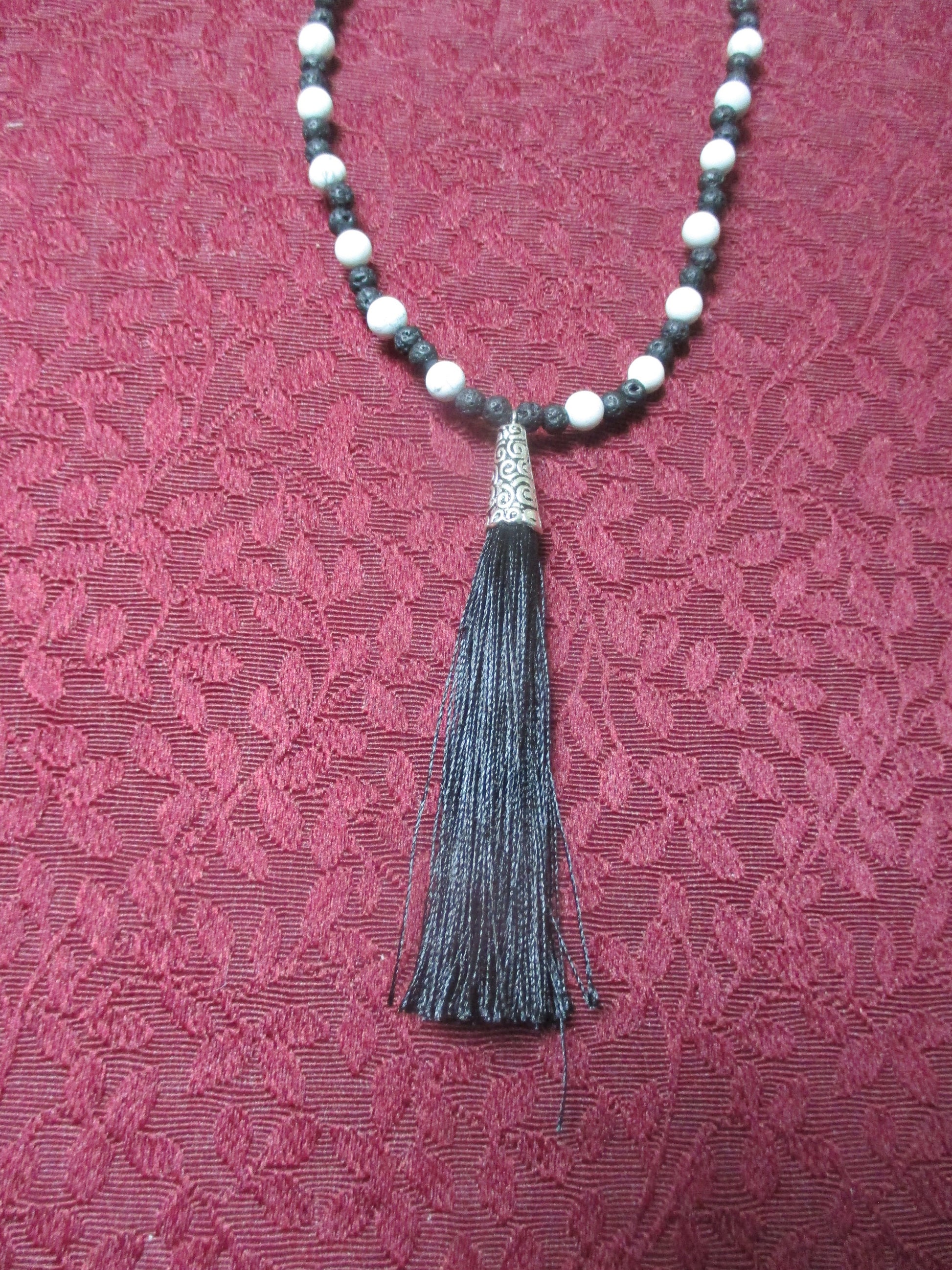 White and Black Tassel Japa Mala 108 Beads Howlite & lava Rock Necklace,