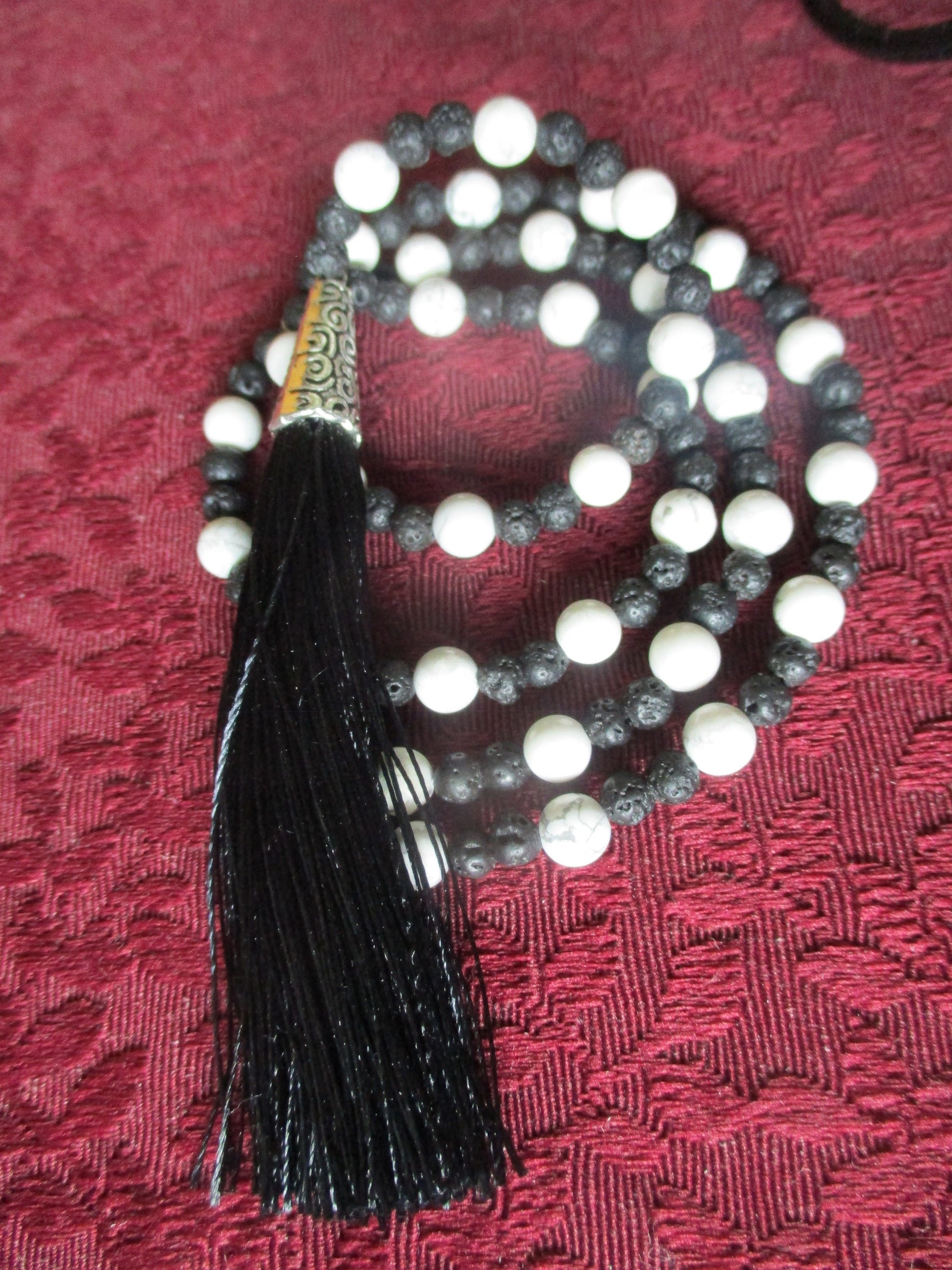 White and Black Tassel Japa Mala 108 Beads Howlite & lava Rock Necklace,