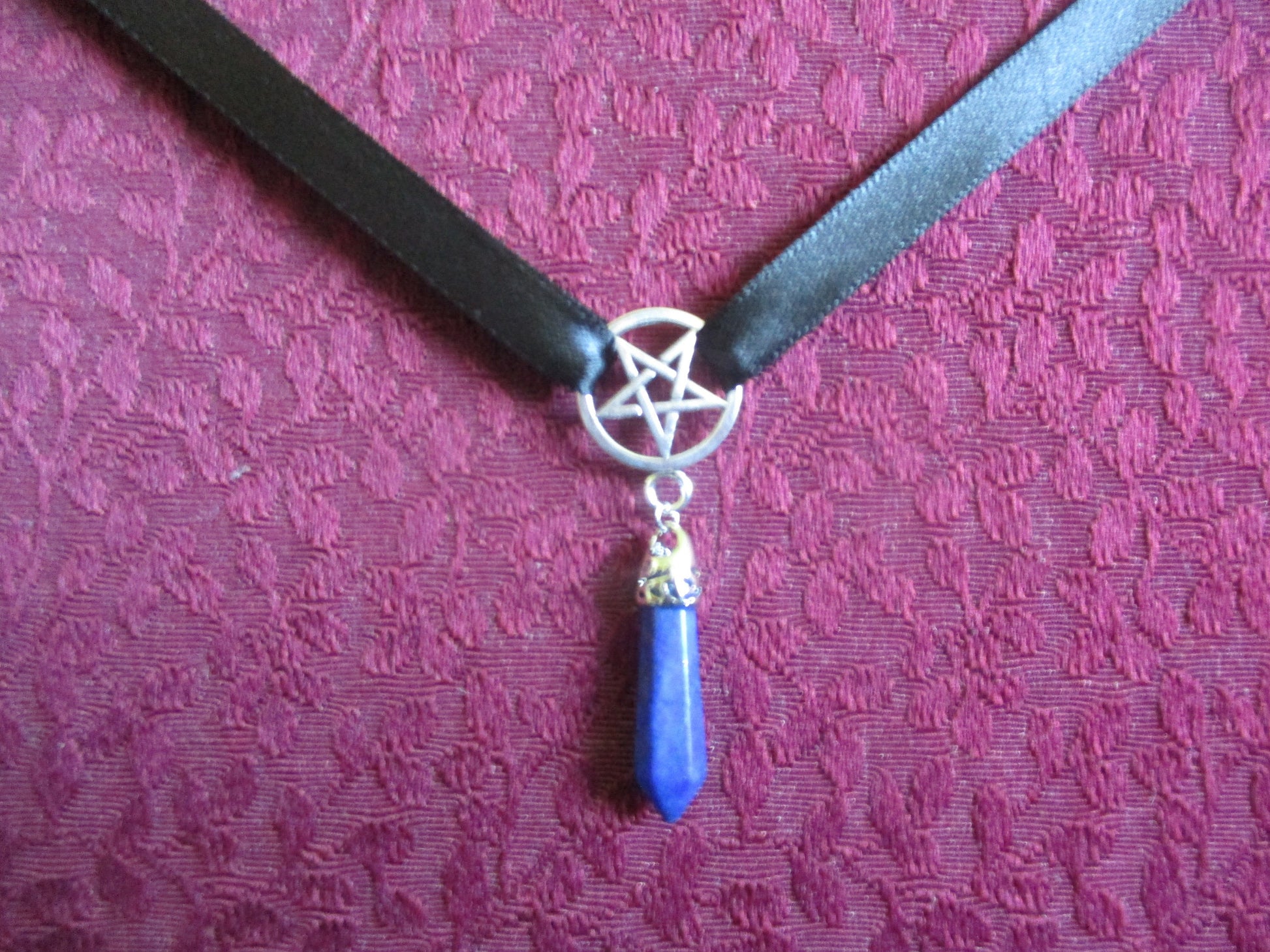 Goth Lapis Lazuli Bullet inverted Pentagram Ribbon Choker Necklace