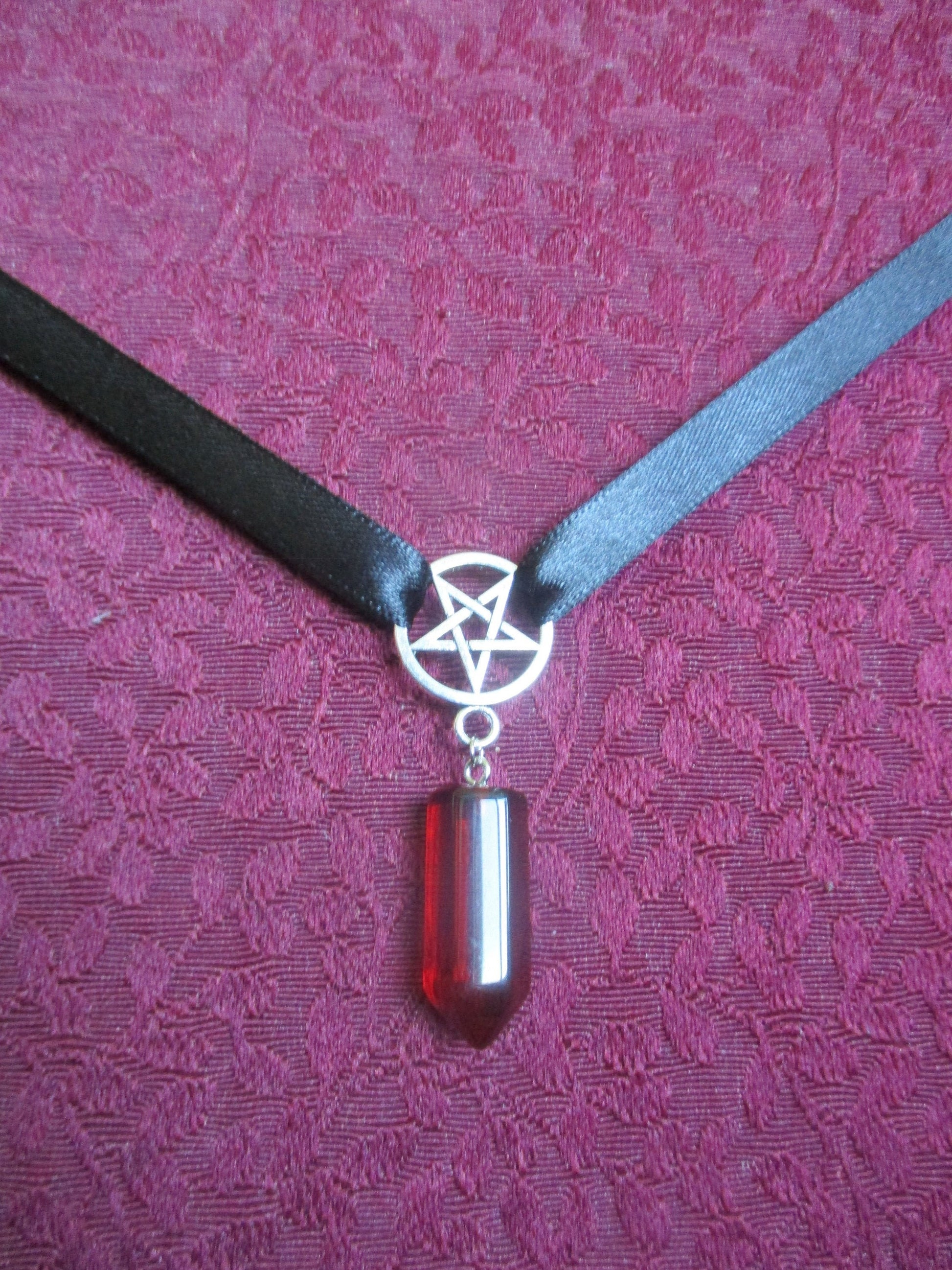 Goth Red Glass  inverted Pentagram Ribbon Choker Necklace