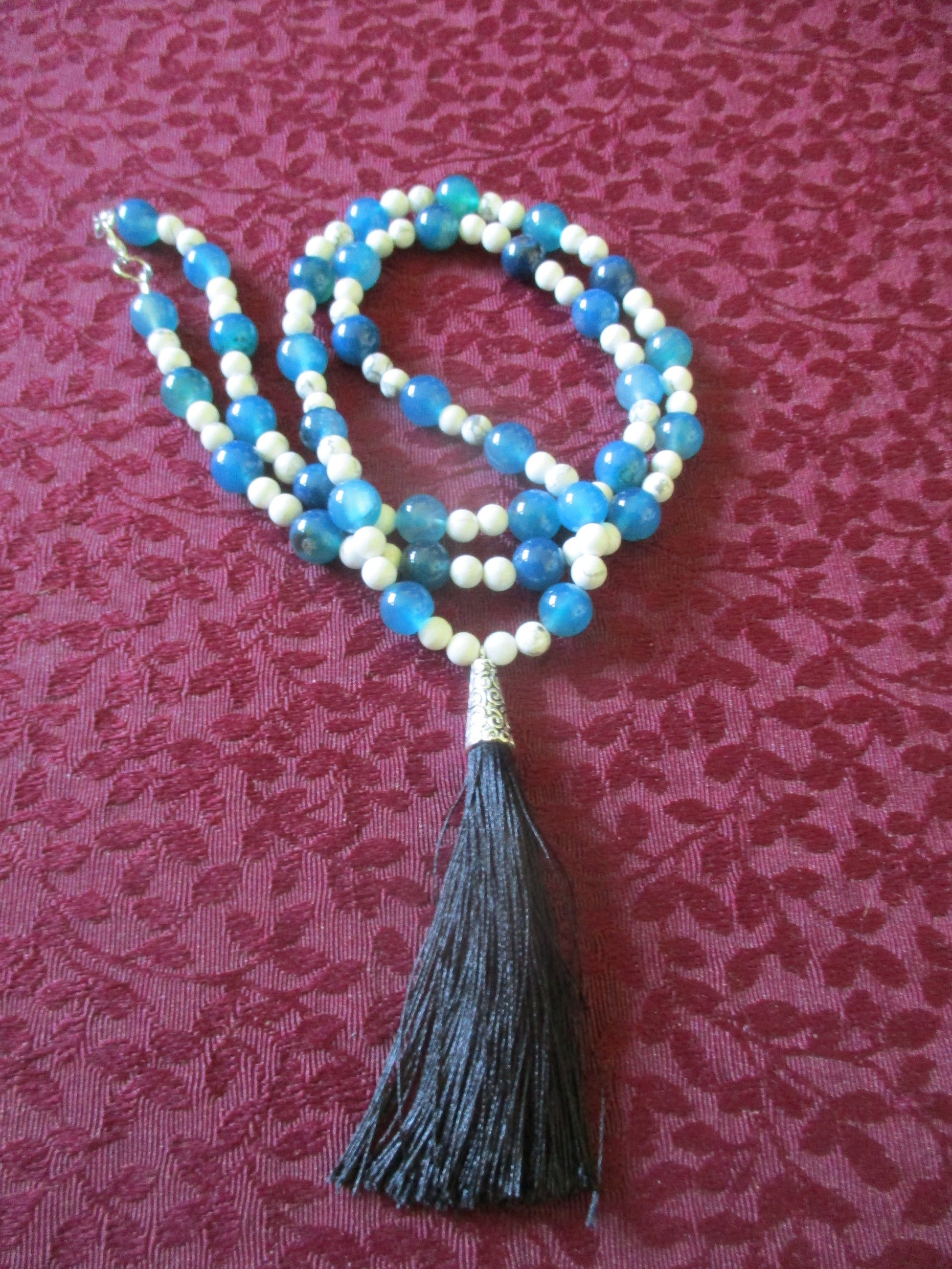 White and Blue Tassel Japa Mala 108 Beads Howlite & Agate Necklace,
