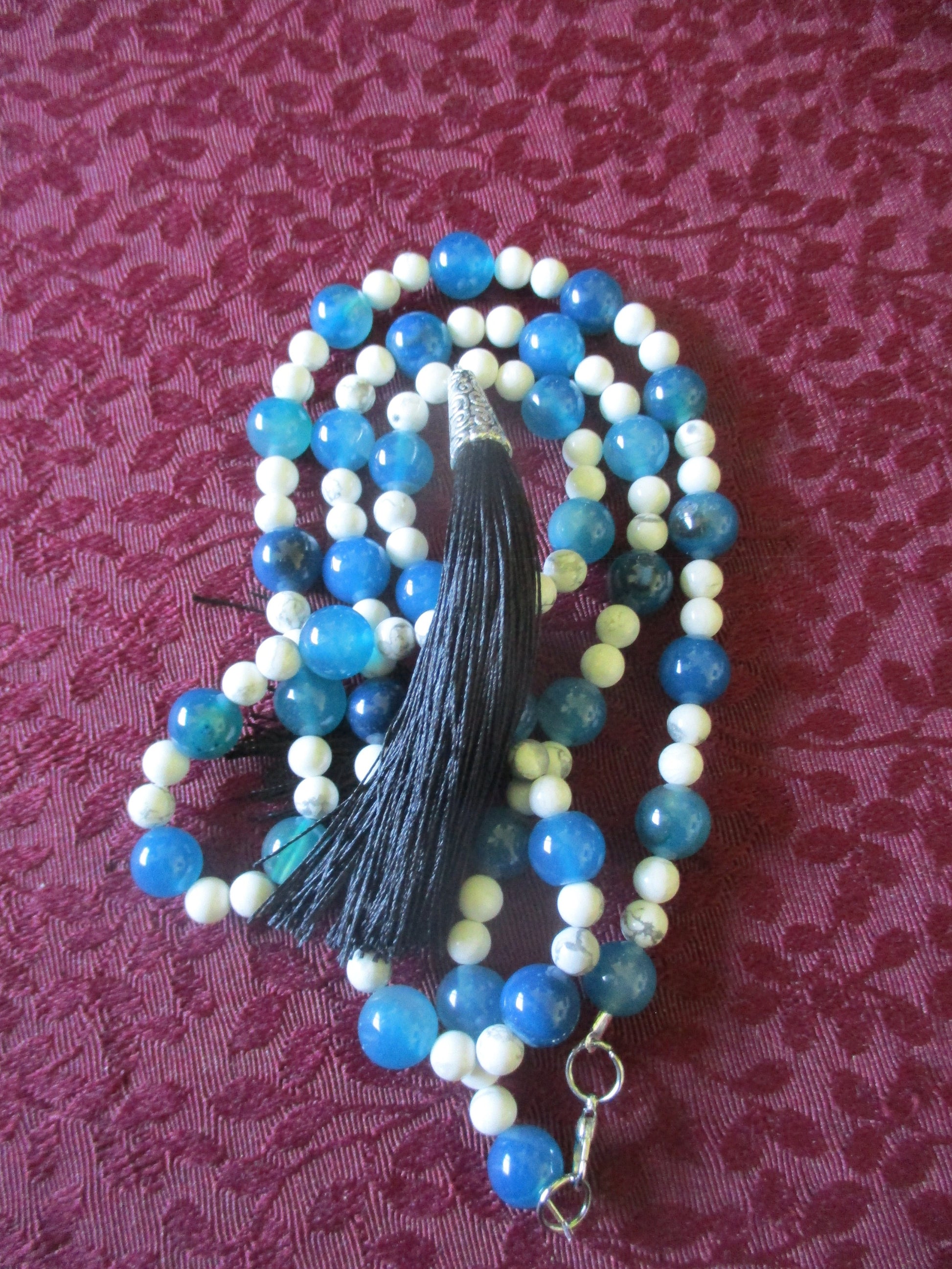 White and Blue Tassel Japa Mala 108 Beads Howlite & Agate Necklace,