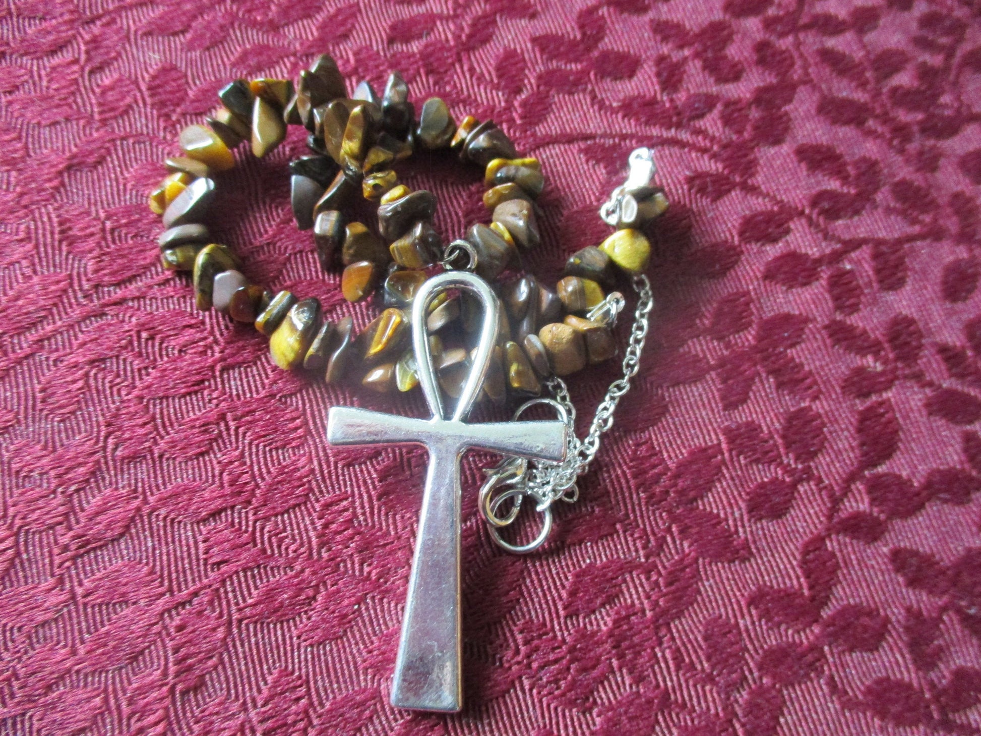 Kemetic Big Ankh Pendant, Tiger Eye Necklace