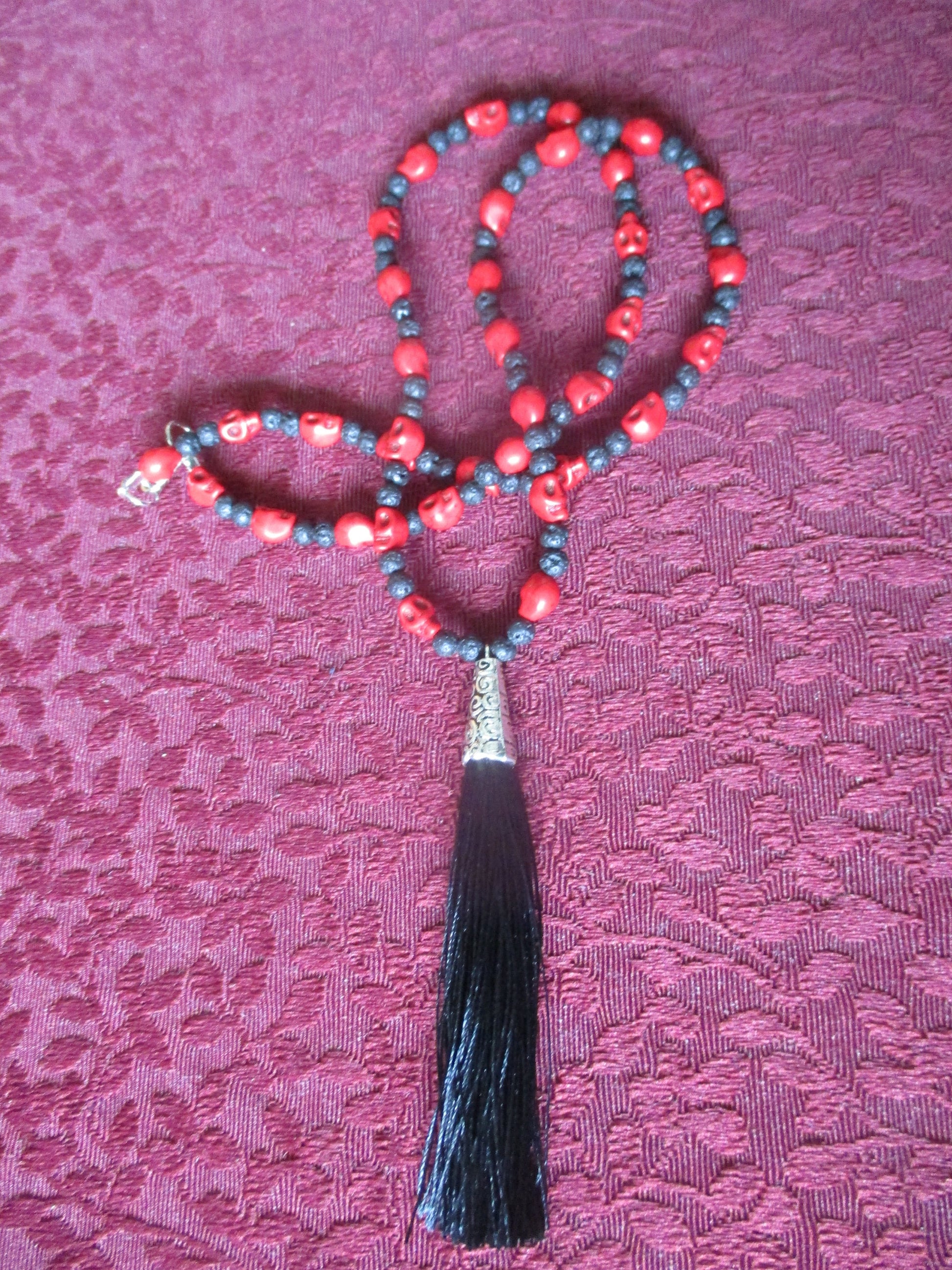 Red Japa Mala 108 Beads Crystal Skull Basalt Necklace