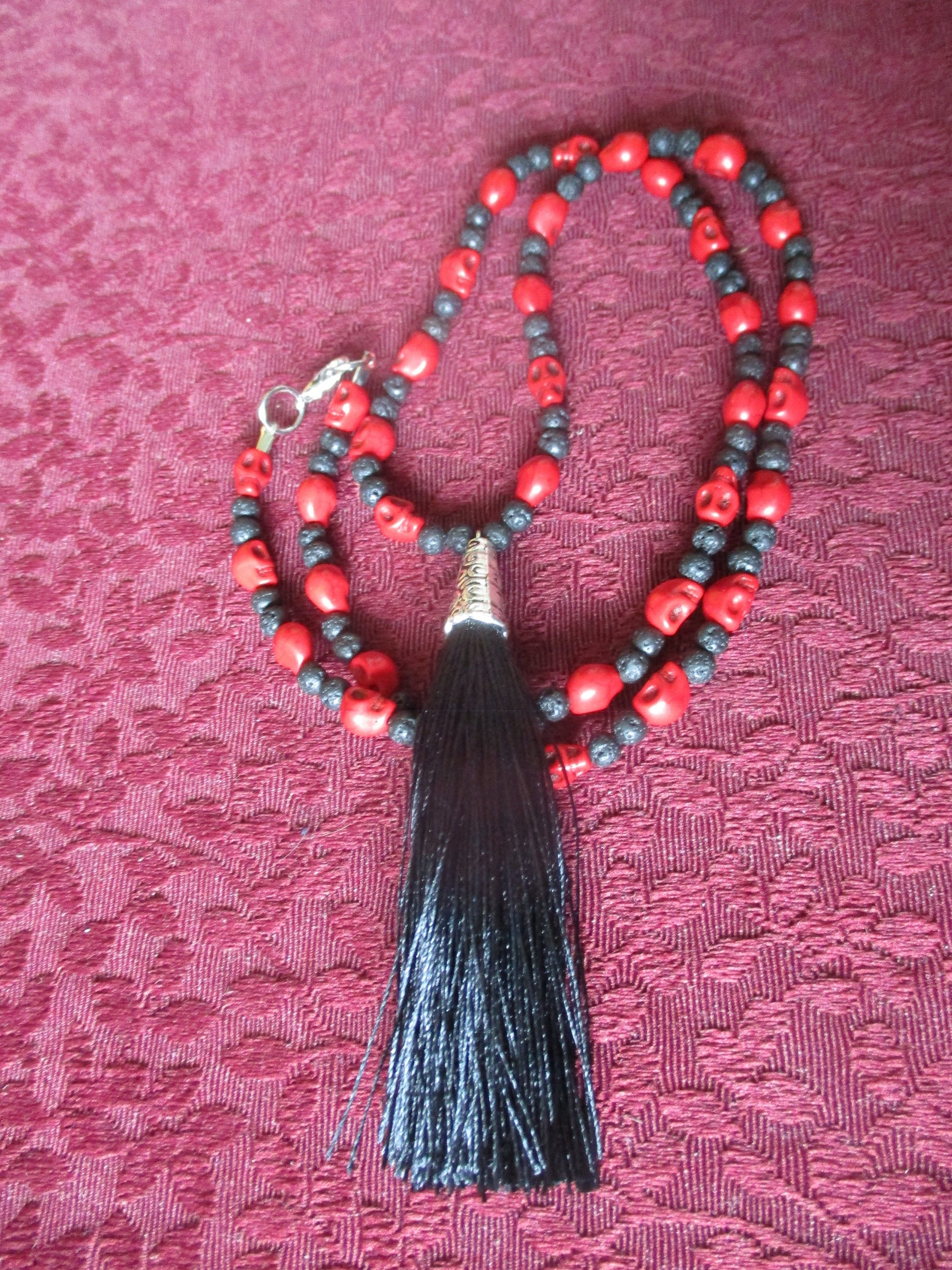 Red Japa Mala 108 Beads Crystal Skull Basalt Necklace