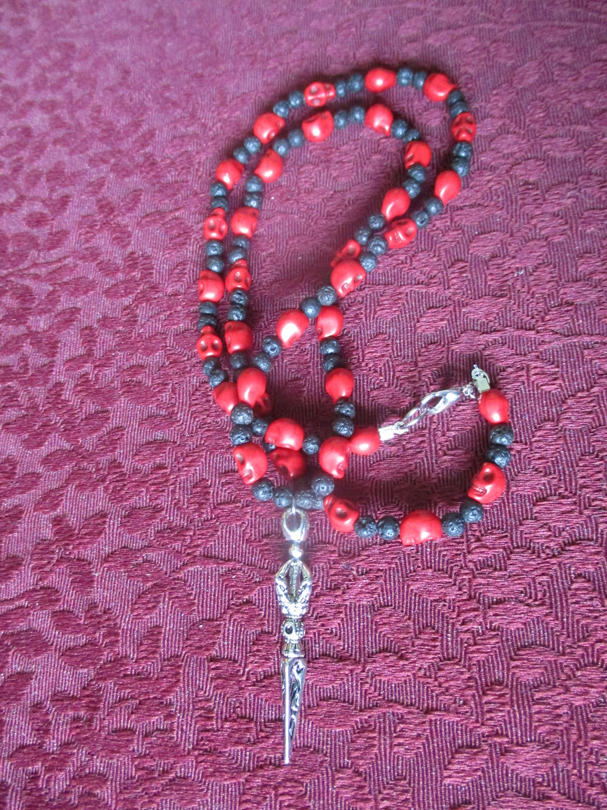 Red Japa Mala 108 Beads Vajra Dojre Crystal Skull Basalt Necklace