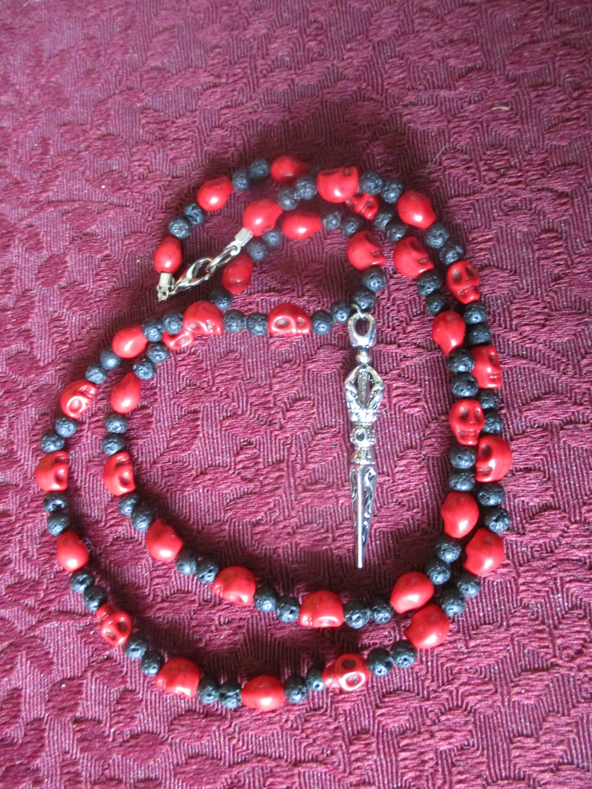 Red Japa Mala 108 Beads Vajra Dojre Crystal Skull Basalt Necklace