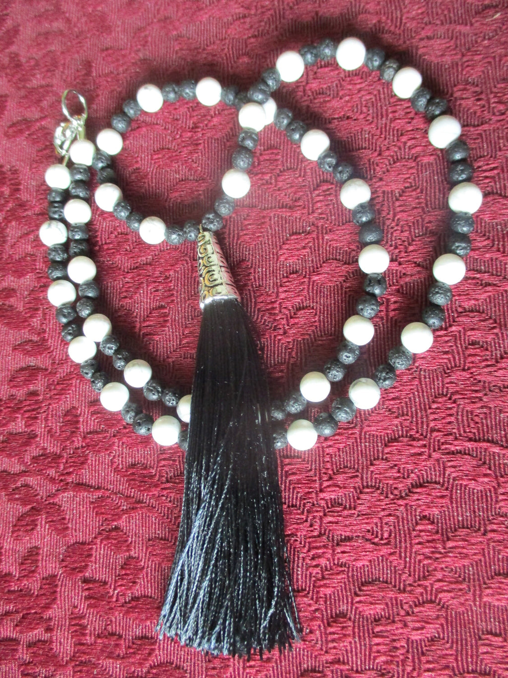 White and Black Tassel Japa Mala 108 Beads Howlite & lava Rock Necklace,