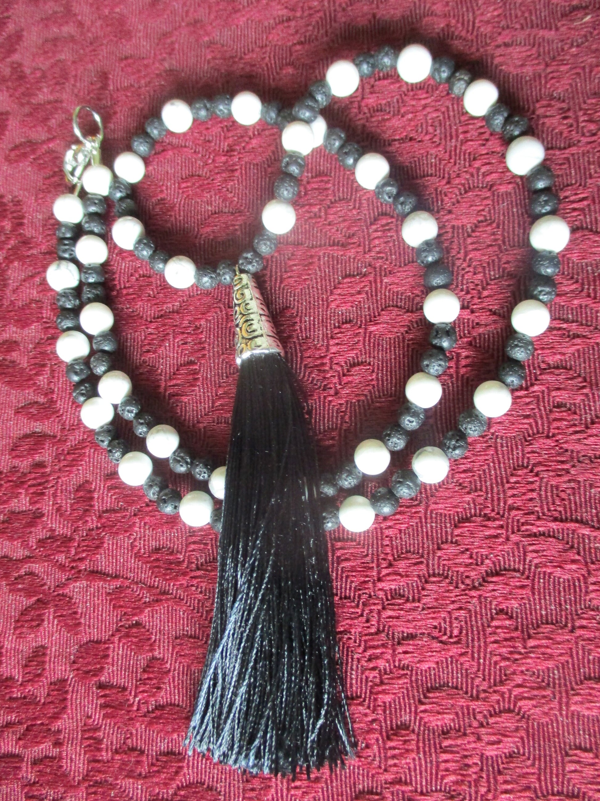 White and Black Tassel Japa Mala 108 Beads Howlite & lava Rock Necklace,