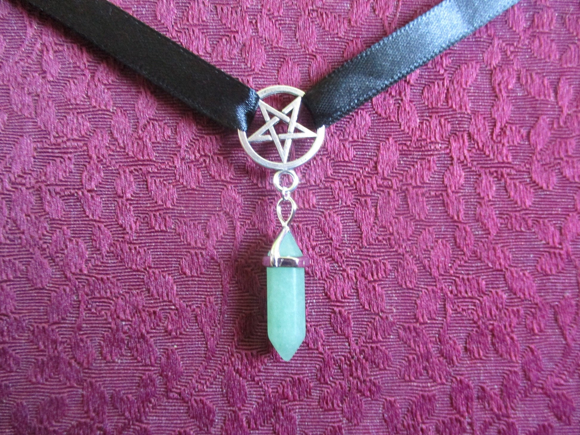 Goth Aventurine Crystal inverted Pentagram Ribbon Choker Necklace