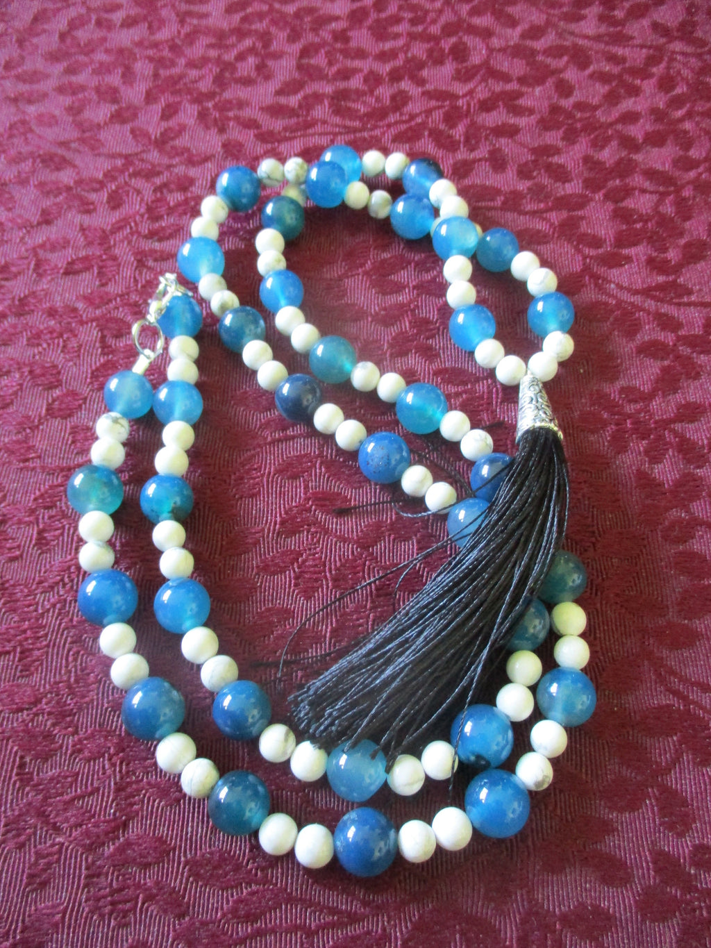 White and Blue Tassel Japa Mala 108 Beads Howlite & Agate Necklace,