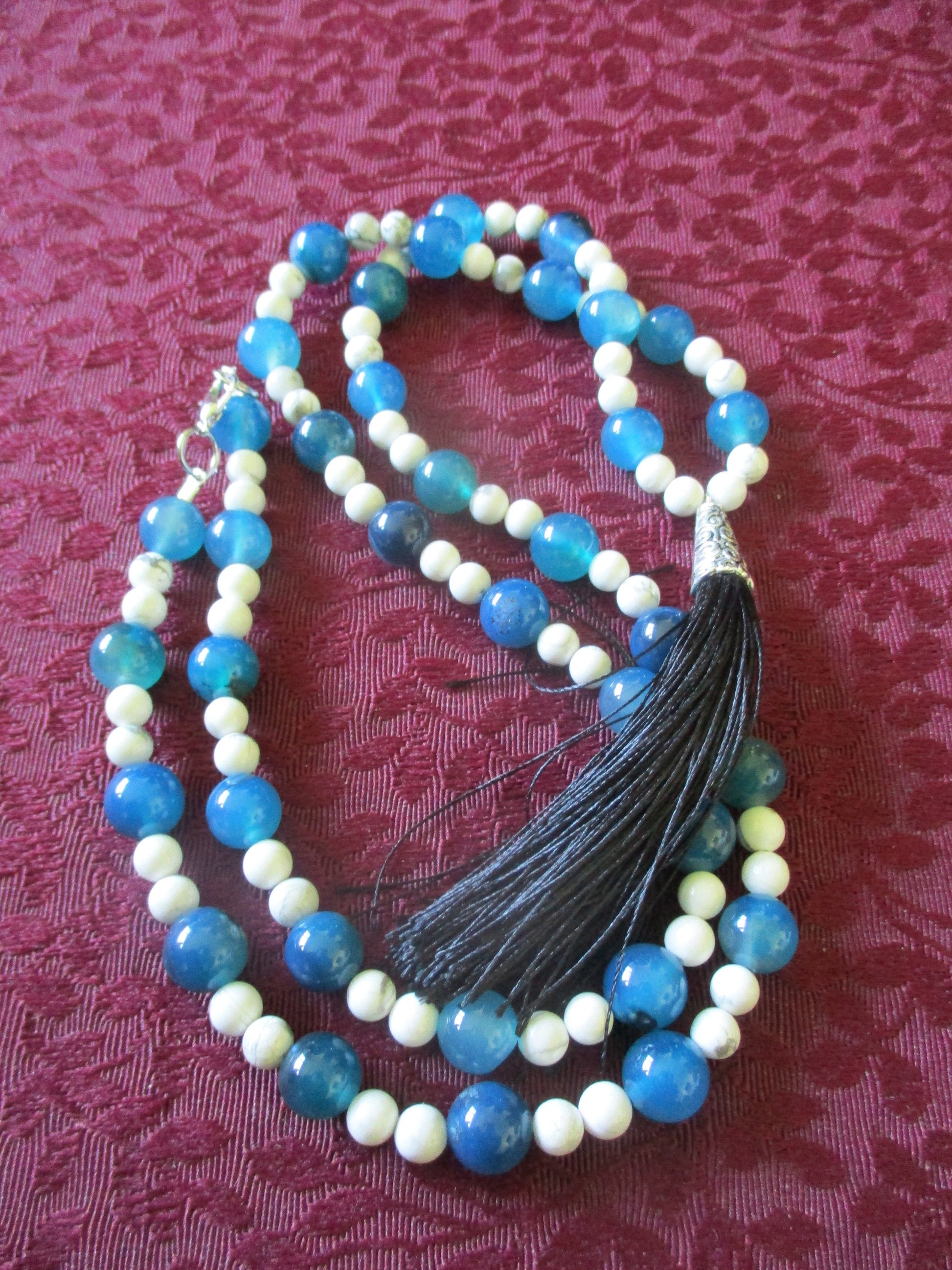 White and Blue Tassel Japa Mala 108 Beads Howlite & Agate Necklace,