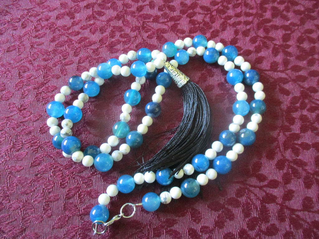 White and Blue Tassel Japa Mala 108 Beads Howlite & Agate Necklace,