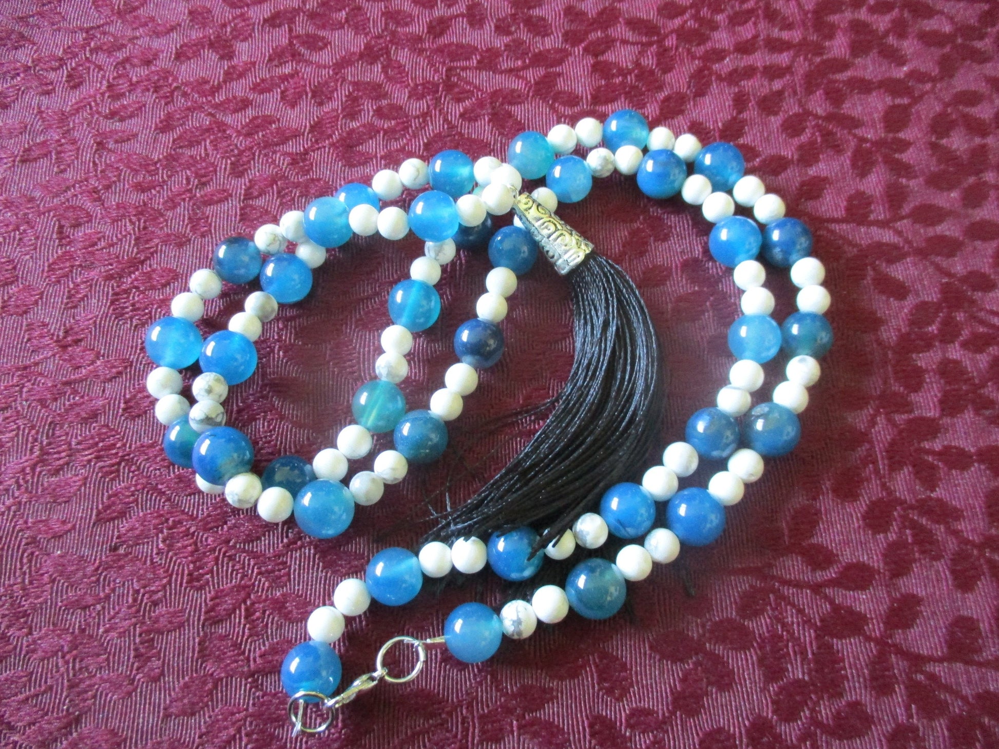 White and Blue Tassel Japa Mala 108 Beads Howlite & Agate Necklace,